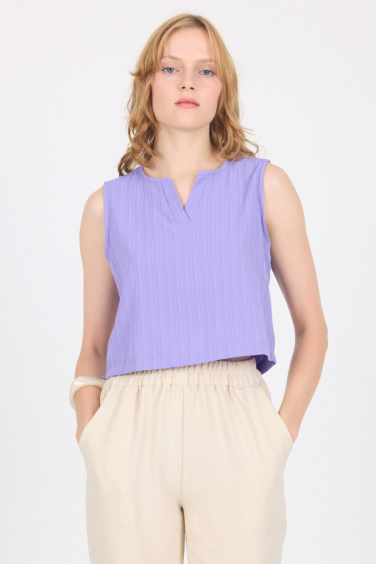 Lila V Yaka Kolsuz Crop Bluz 8027