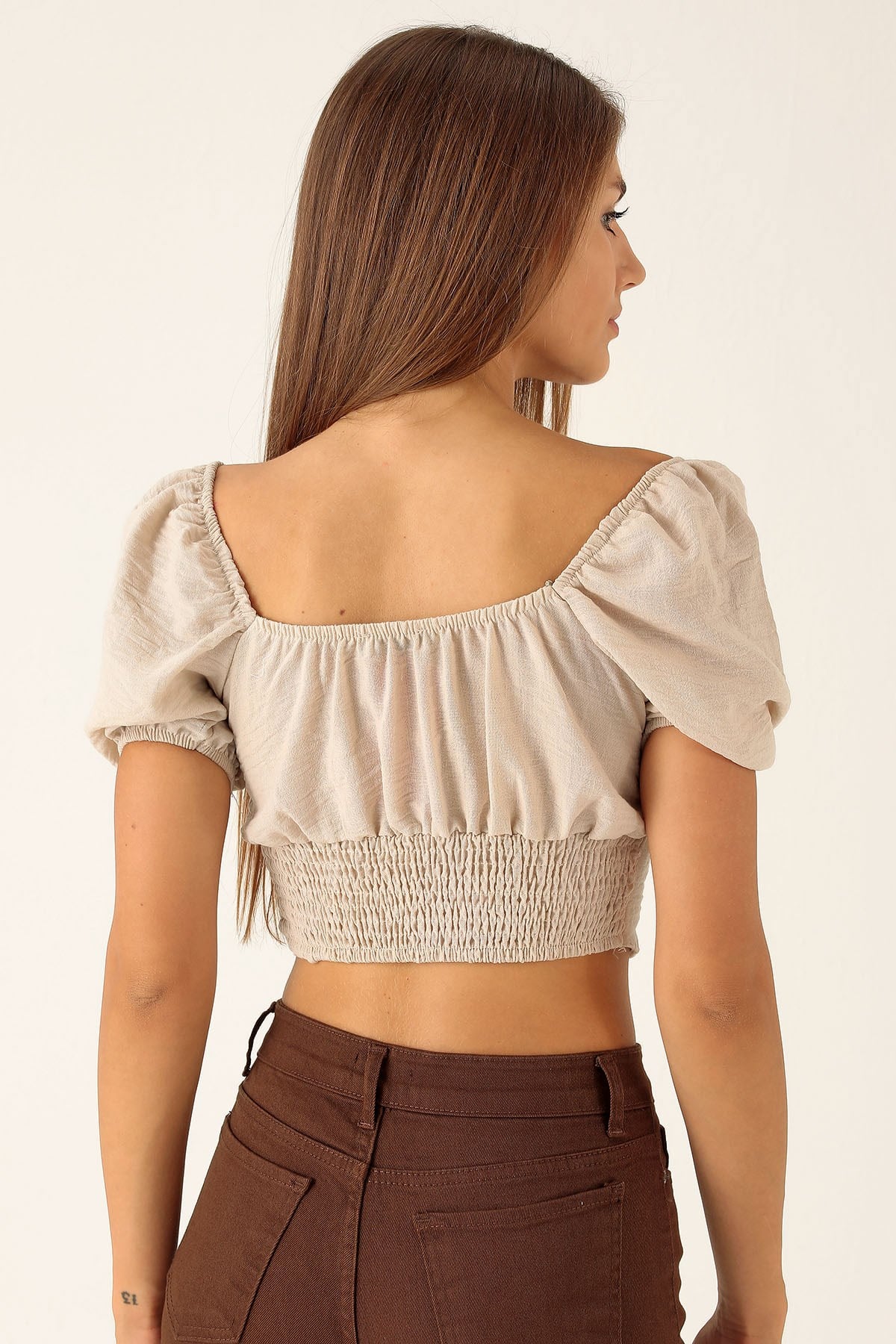 Madonna Yaka Keten Bluz - 10414 Taş