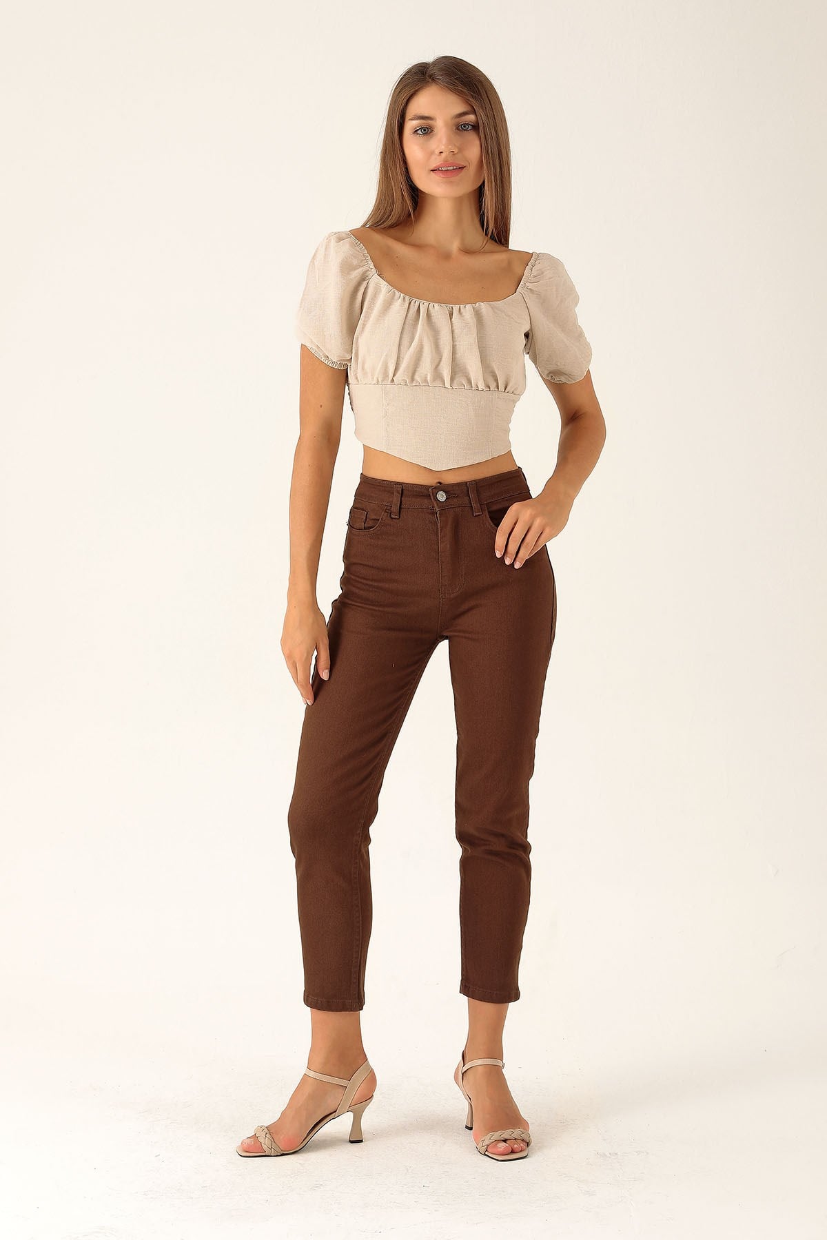 Madonna Yaka Keten Bluz - 10414 Taş