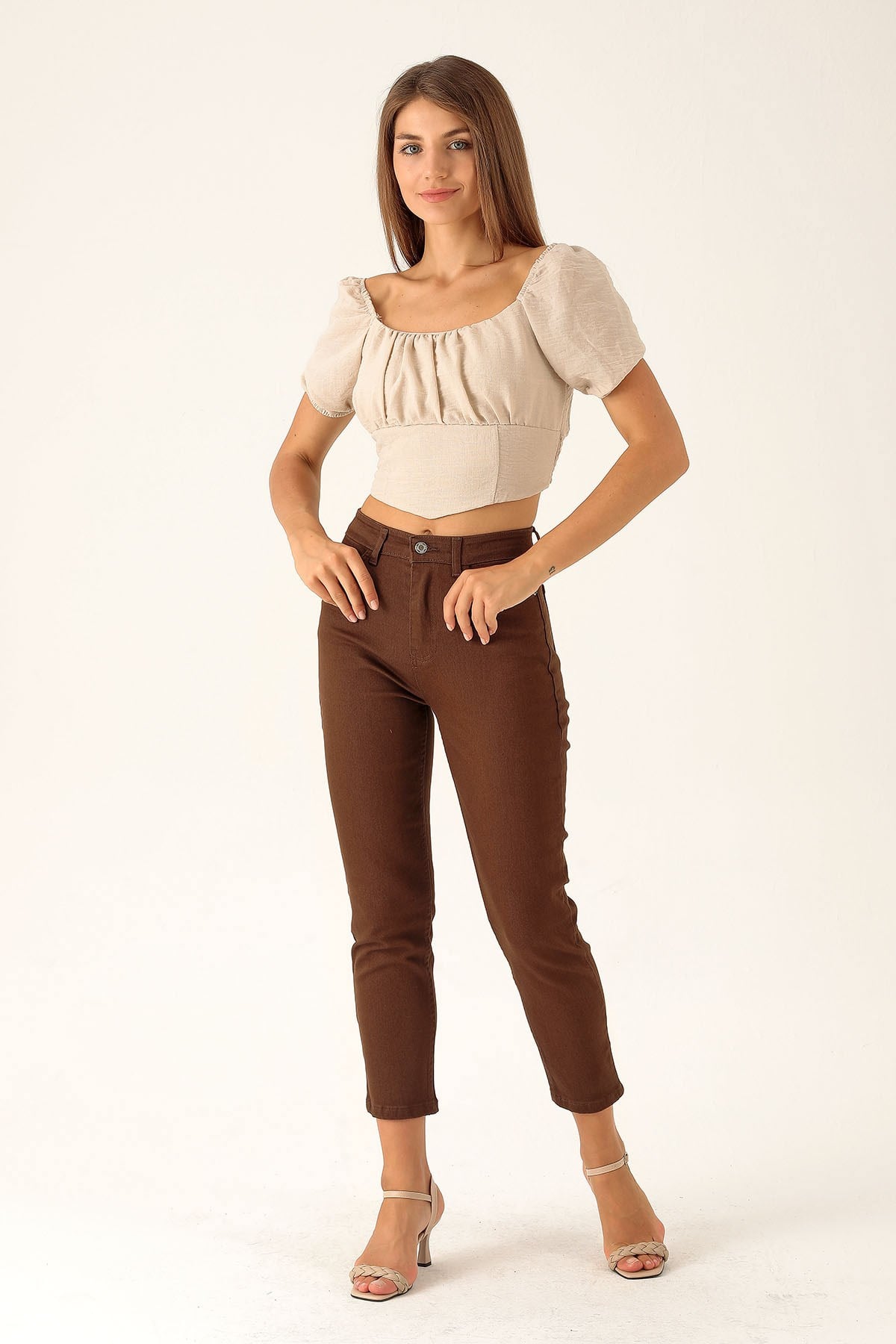 Madonna Yaka Keten Bluz - 10414 Taş