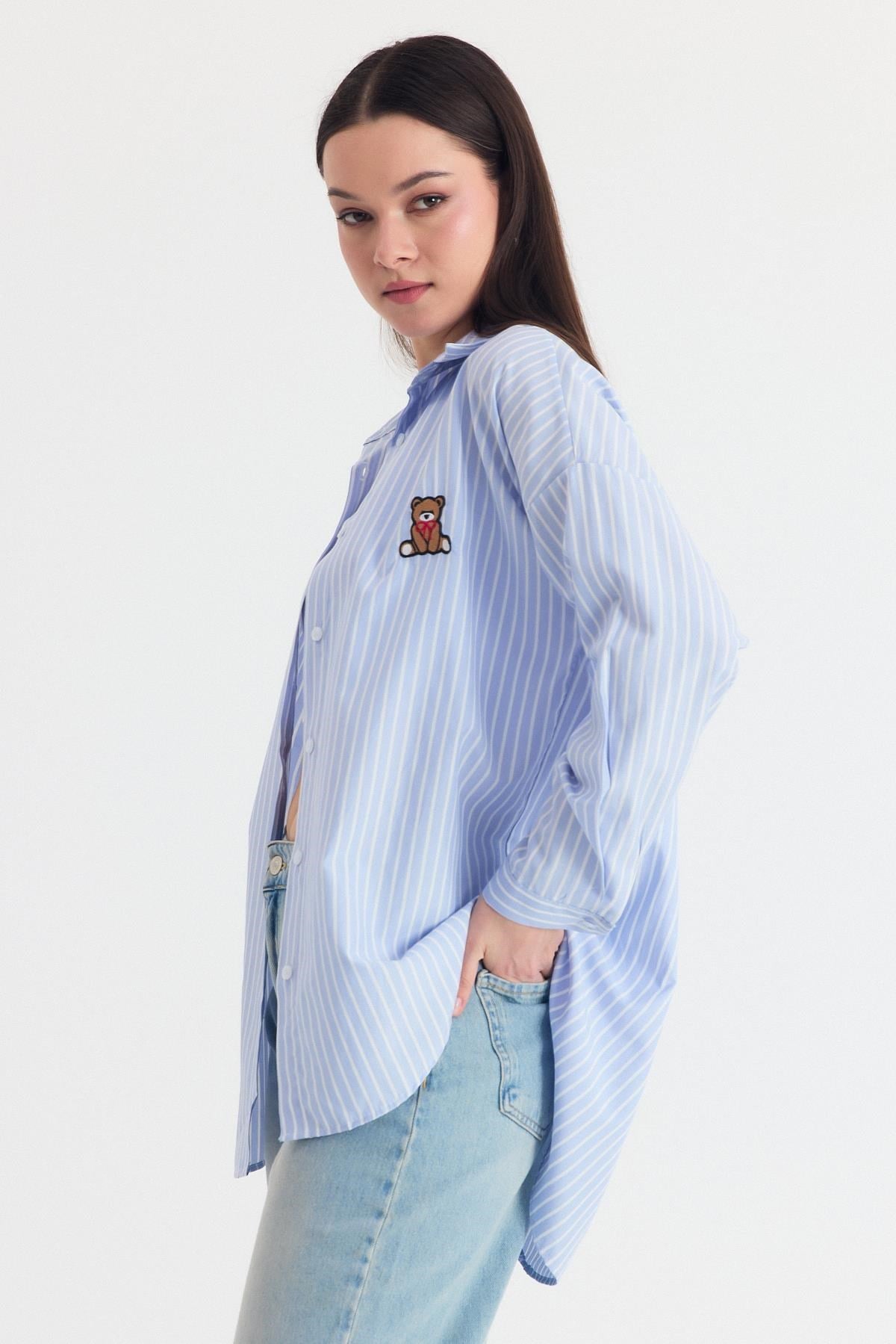 Mavi Ayıcık Nakışlı Oversize Gömlek 4689A