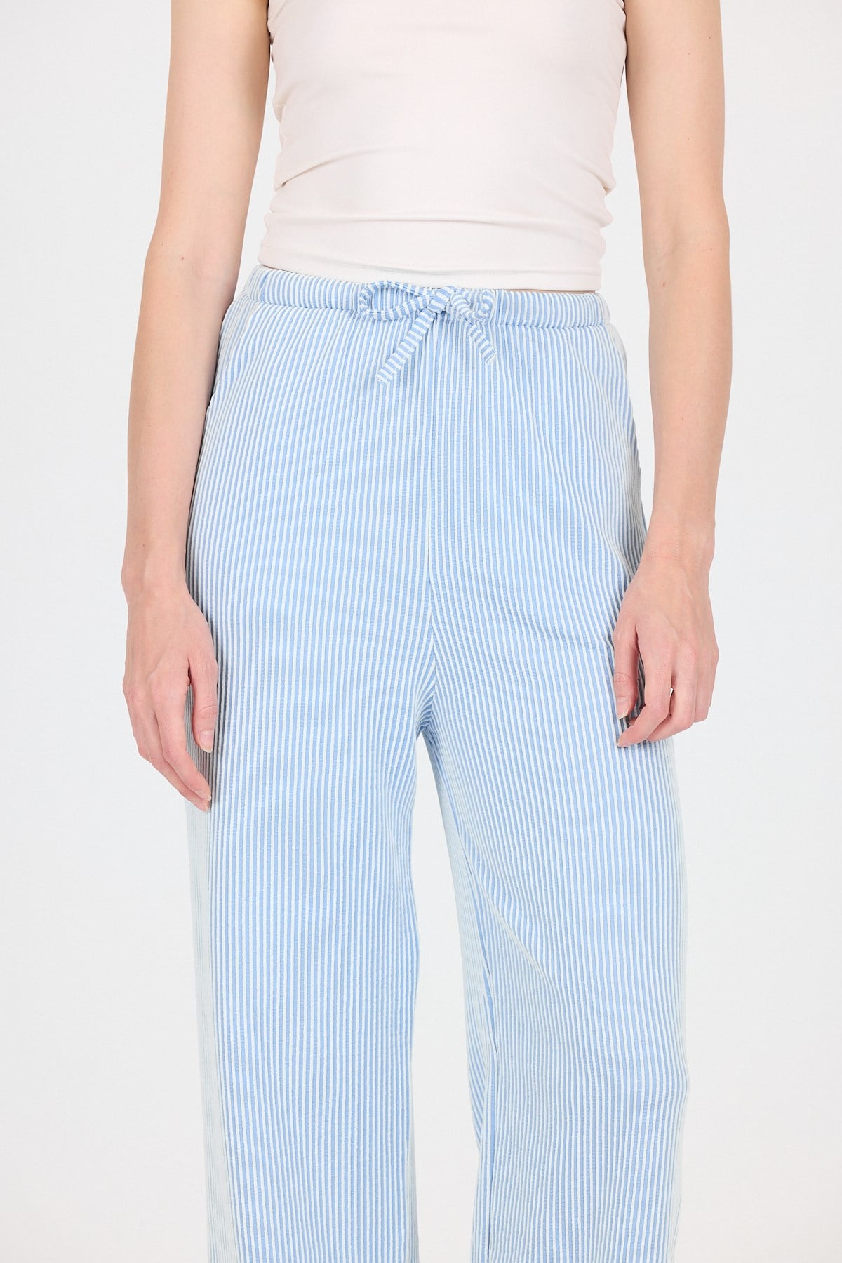 Mavi Beli Lastikli Çizgili Geniş Paça Dokuma Pantolon 4098