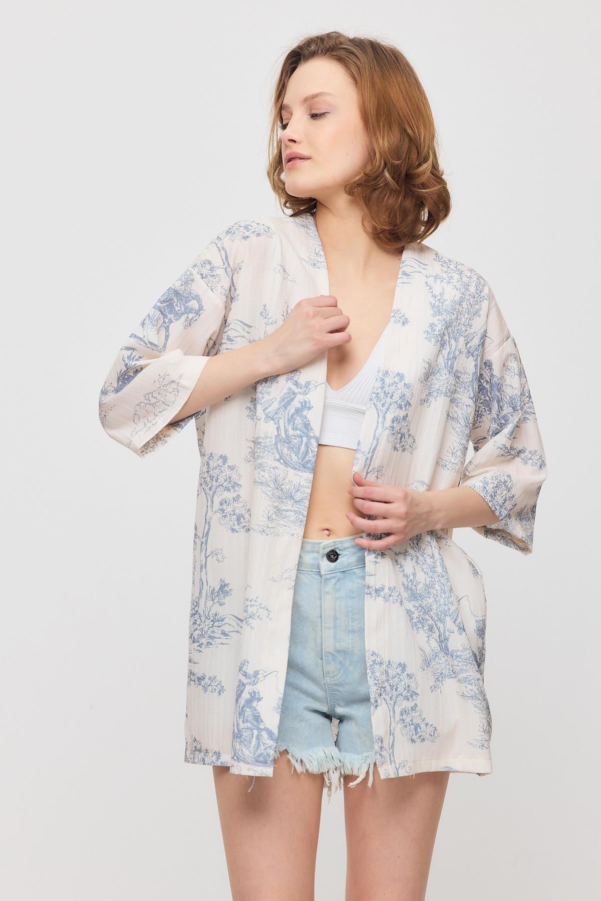 Mavi Çiçekli Kısa Kol Kimono 4441A
