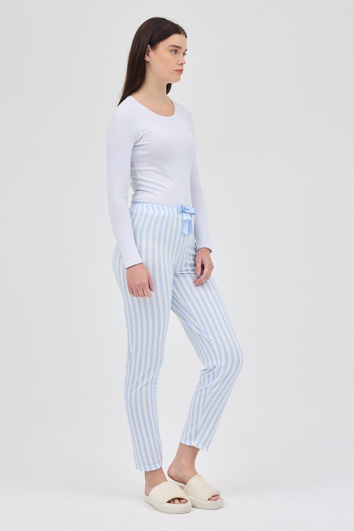 Mavi Çizgi Desenli Lastik Bel Kadın Pijama Altı 4527