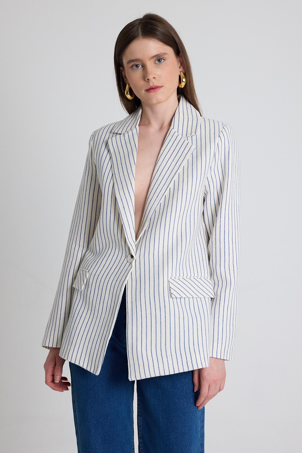 Mavi Keten Görünümlü %100 Pamuk Çizgili Blazer Ceket 2305