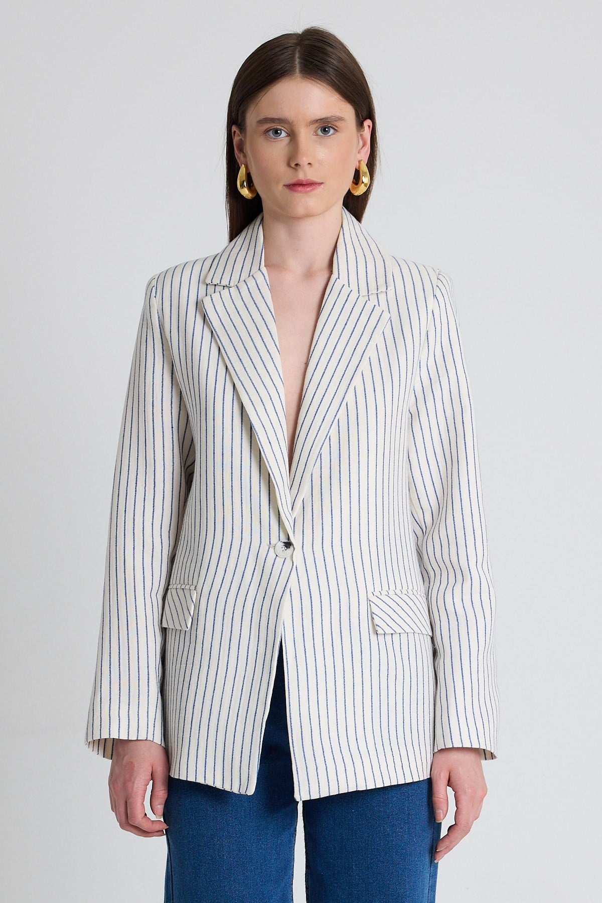 Mavi Keten Görünümlü %100 Pamuk Çizgili Blazer Ceket 2305