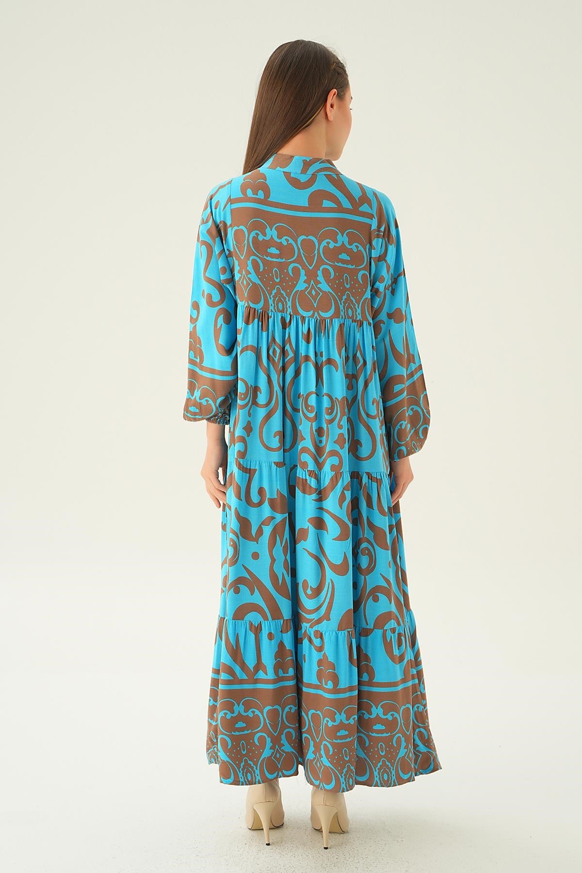 Mavi Kruvaze Yaka Desenli Elbise 2643