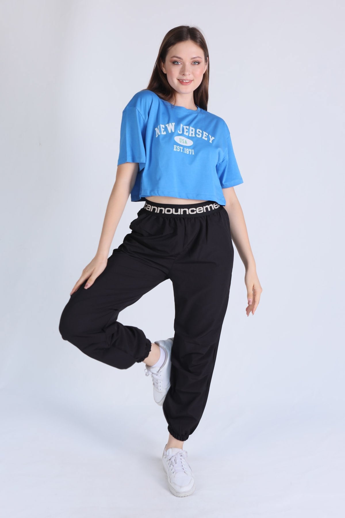 Mavi New Jersey Baskı Crop Tişört 5162