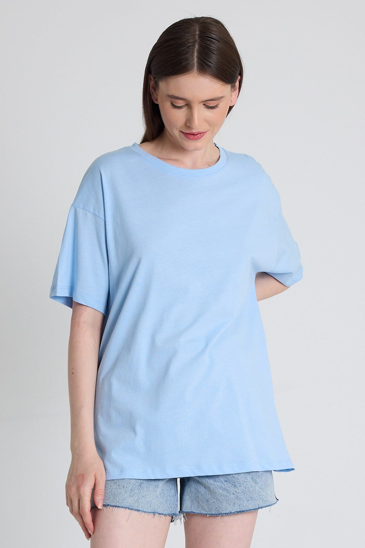 Mavi Omuz Yazı Baskılı %100 Pamuk Oversize Tişört 2150-30M