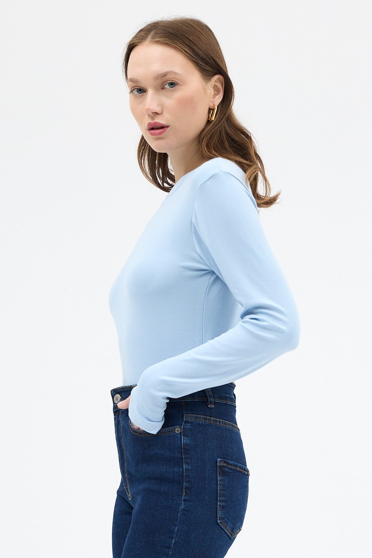 Mavi Premium/Viskoz Yumuşak Kumaşlı Parmak Geçmeli Crop Bluz 8162A