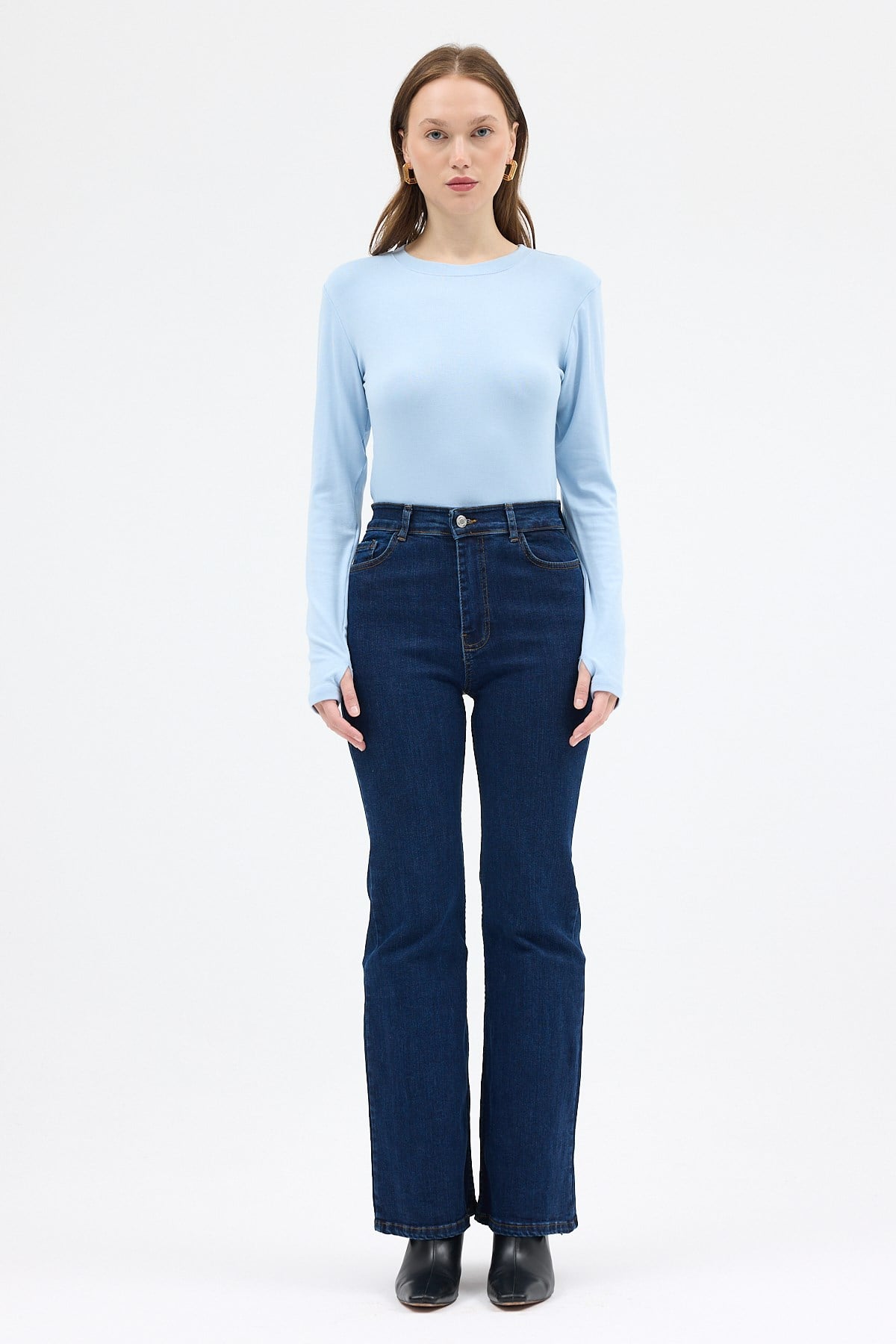 Mavi Premium/Viskoz Yumuşak Kumaşlı Parmak Geçmeli Crop Bluz 8162A