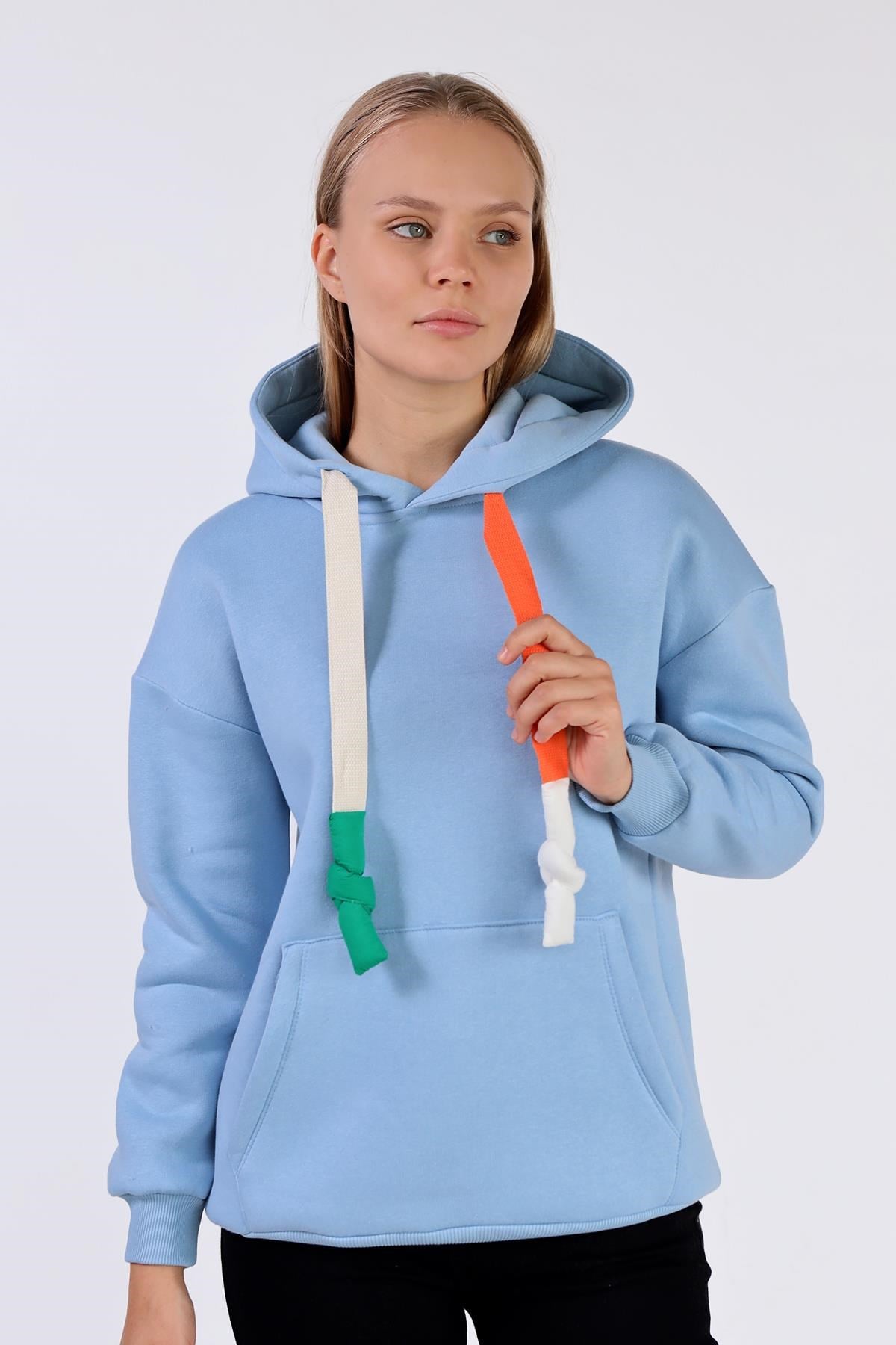 Mavi Renkli İpli Kapüşonlu Sweat 9173M