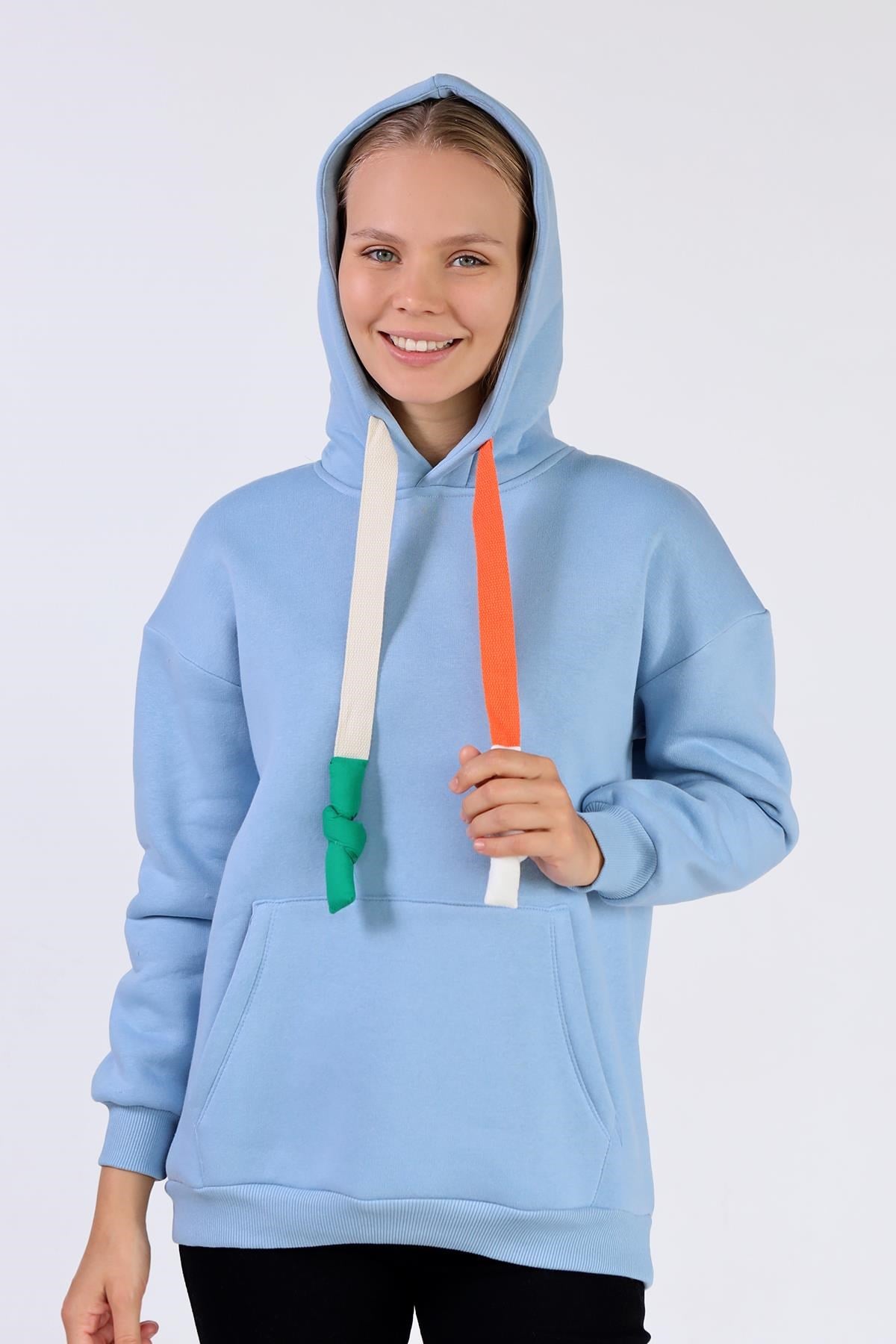 Mavi Renkli İpli Kapüşonlu Sweat 9173M