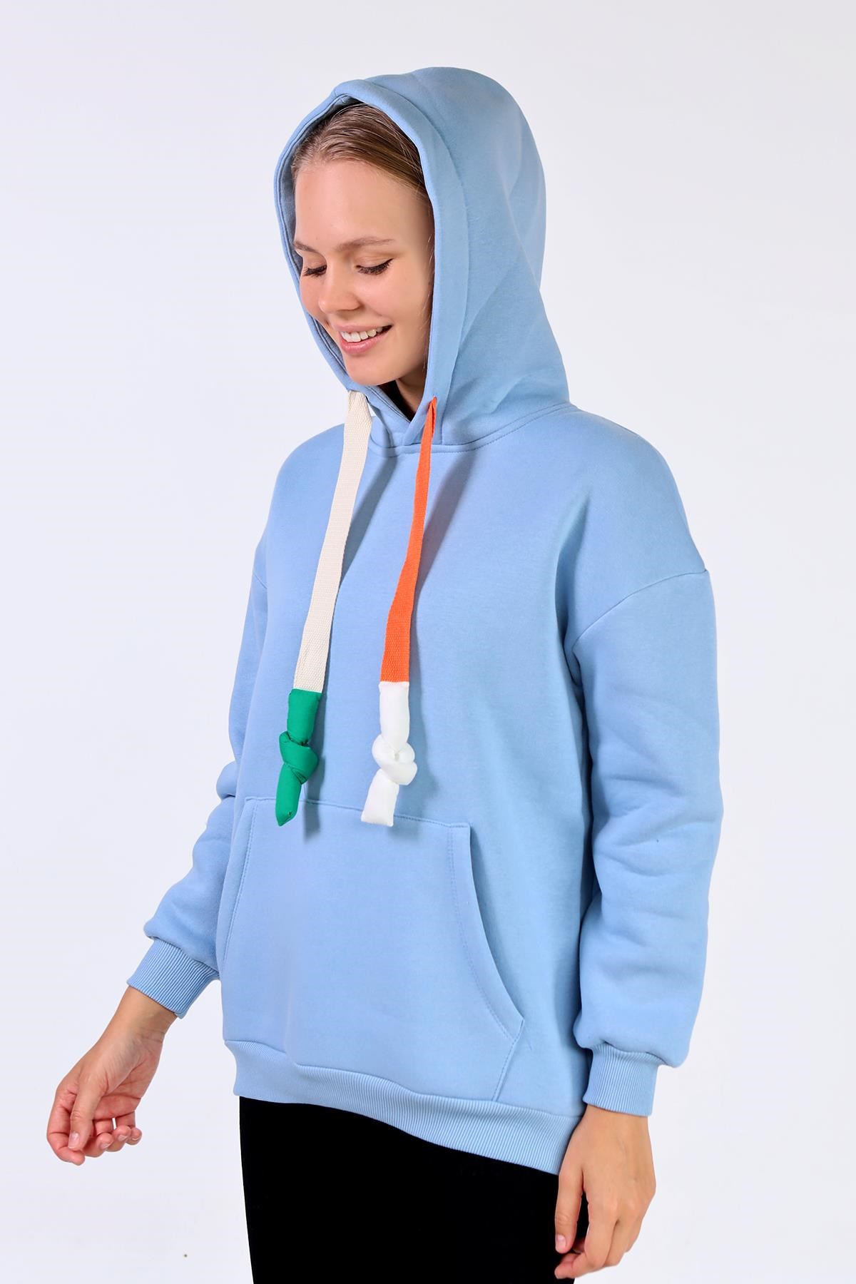 Mavi Renkli İpli Kapüşonlu Sweat 9173M