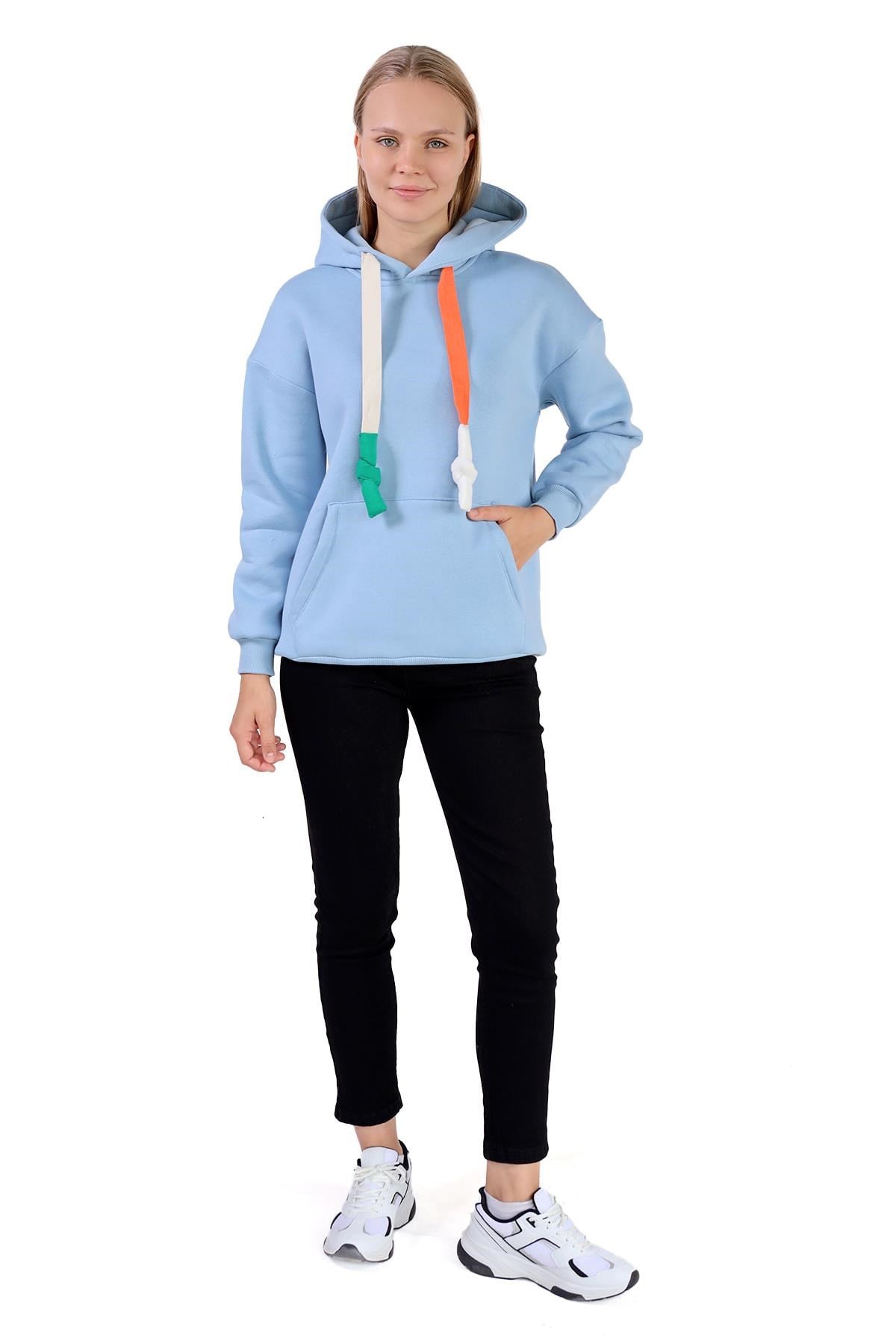Mavi Renkli İpli Kapüşonlu Sweat 9173M