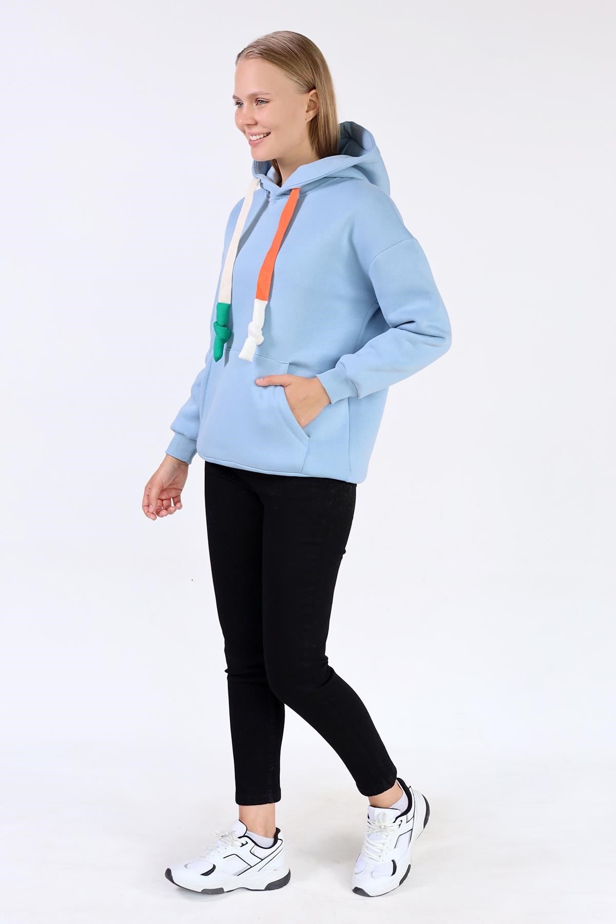 Mavi Renkli İpli Kapüşonlu Sweat 9173M