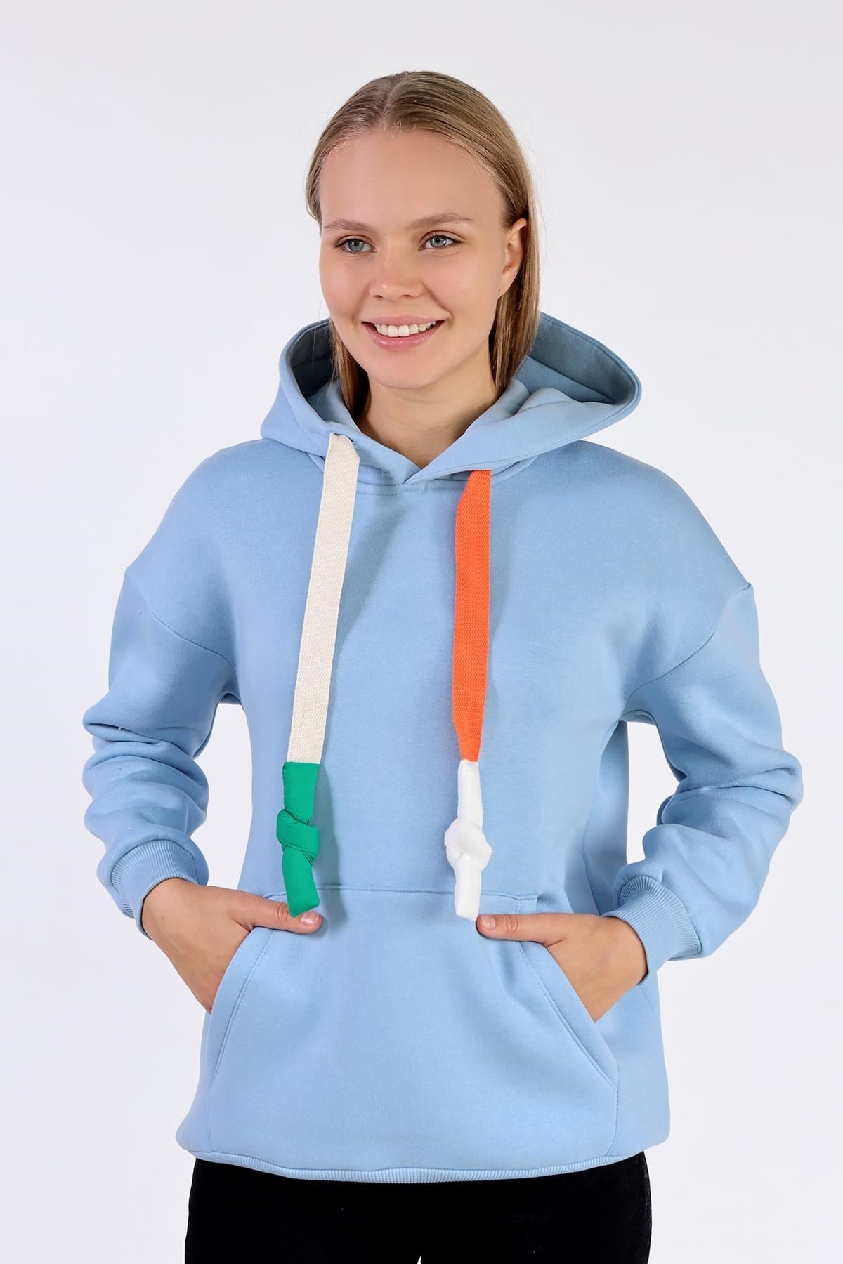 Mavi Renkli İpli Kapüşonlu Sweat 9173M