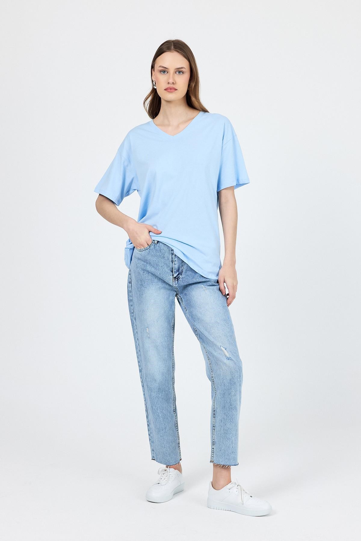 Mavi V Yaka %100 Pamuk Comfort Fit Tişört 2143M