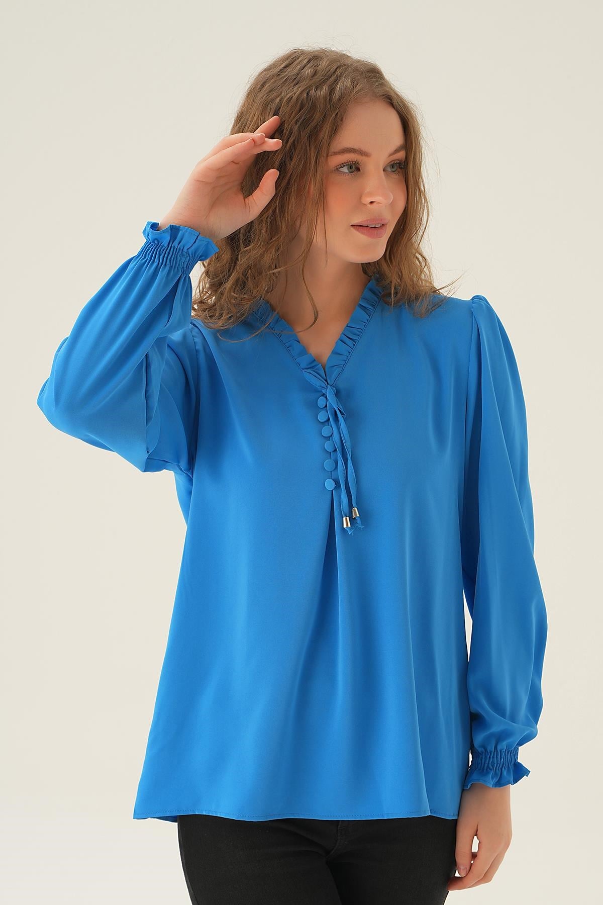 Mavi Yaka Bağlamalı Bluz 25541