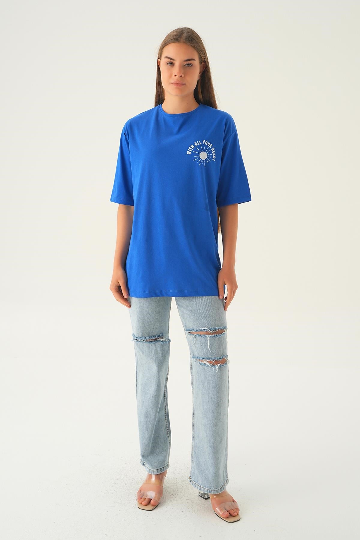 Mavi Yazı Baskı Oversize Tişört 1706
