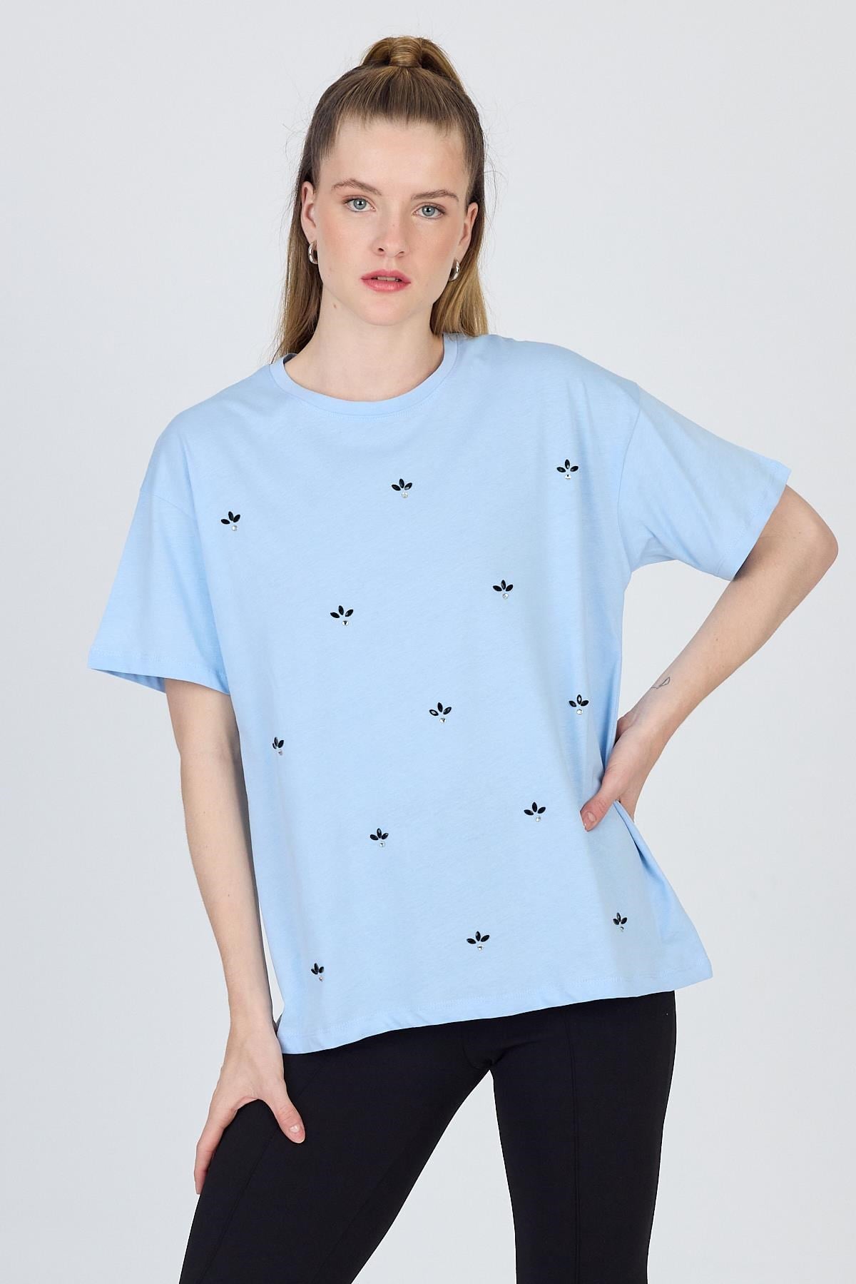 Mavi Yazı Baskılı %100 Pamuk Oversize Tişört 2150-18M