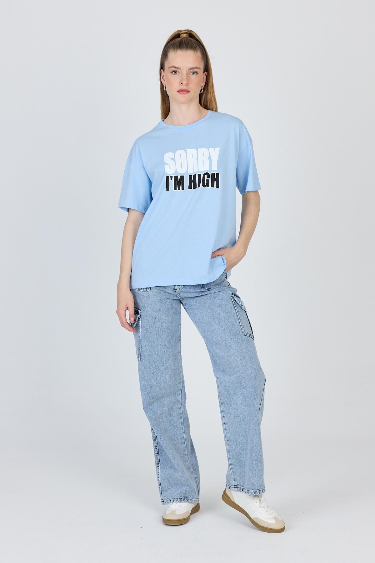 Mavi Yazı Baskılı %100 Pamuk Oversize Tişört 2150-7M