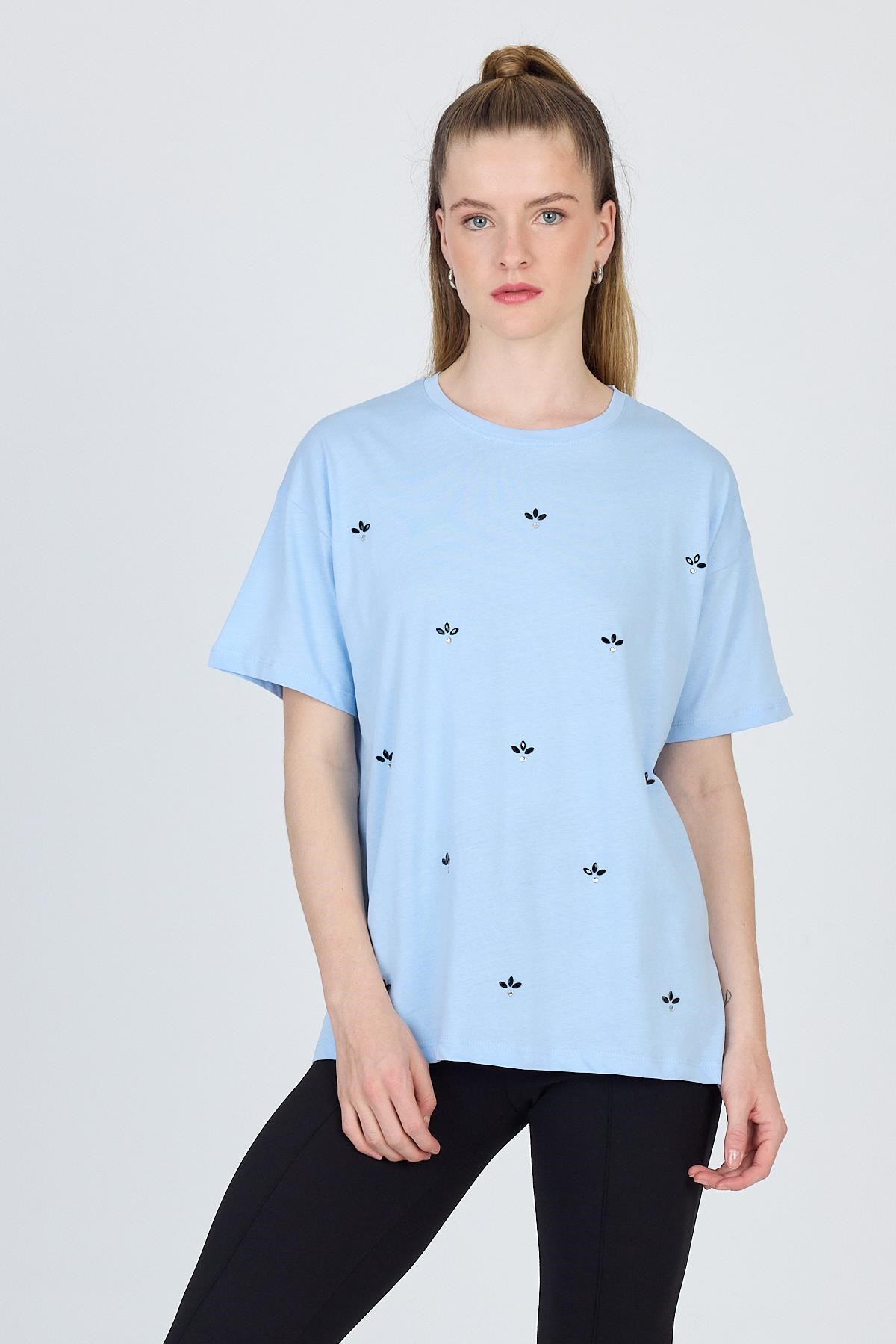 Mavi Yazı Baskılı %100 Pamuk Oversize Tişört 2150-18M