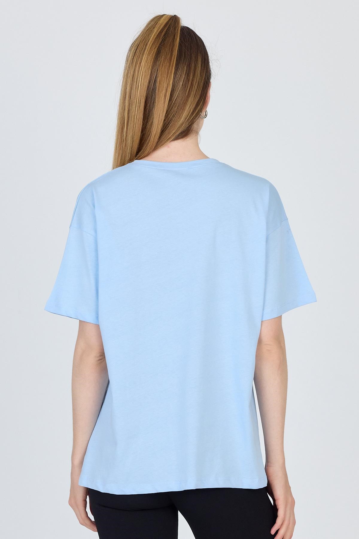 Mavi Yazı Baskılı %100 Pamuk Oversize Tişört 2150-18M