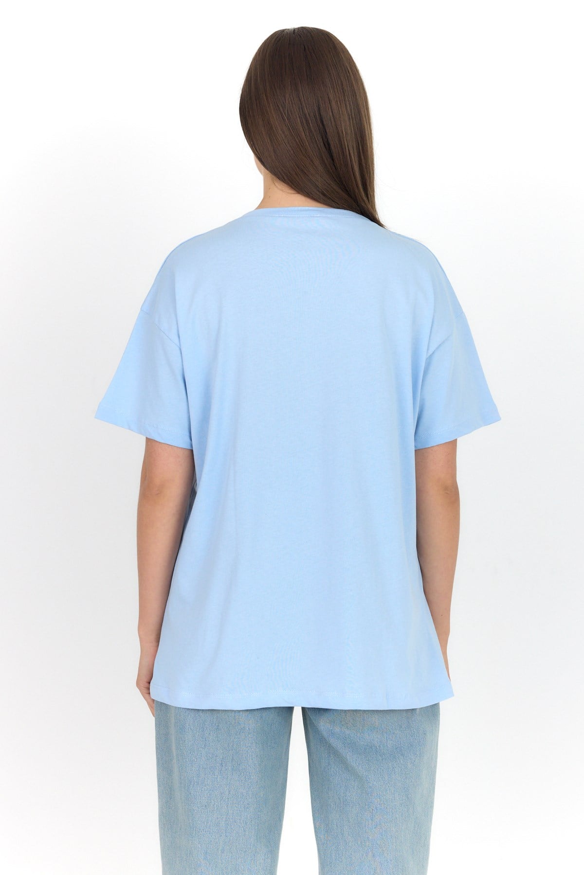 Mavi Yazı Baskılı %100 Pamuk Oversize Tişört 2150-10M