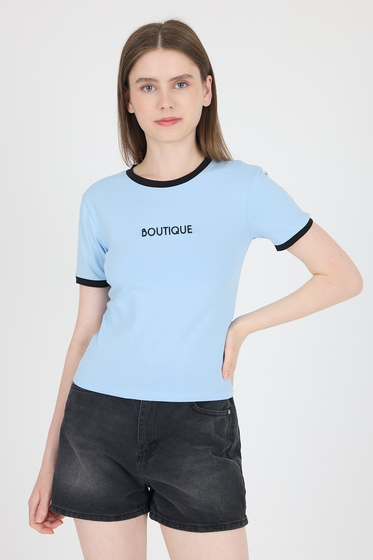 Mavi Yazı Baskılı Biyeli Pamuklu Slim Fit Tişört 9192M