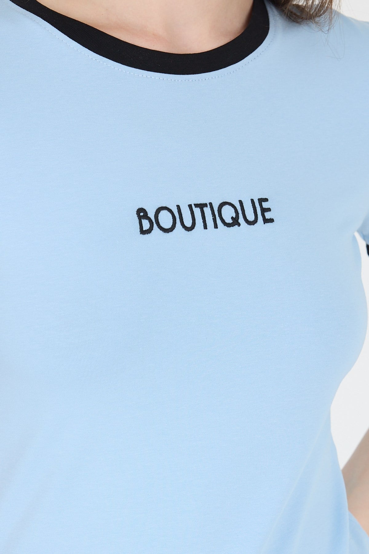 Mavi Yazı Baskılı Biyeli Pamuklu Slim Fit Tişört 9192M