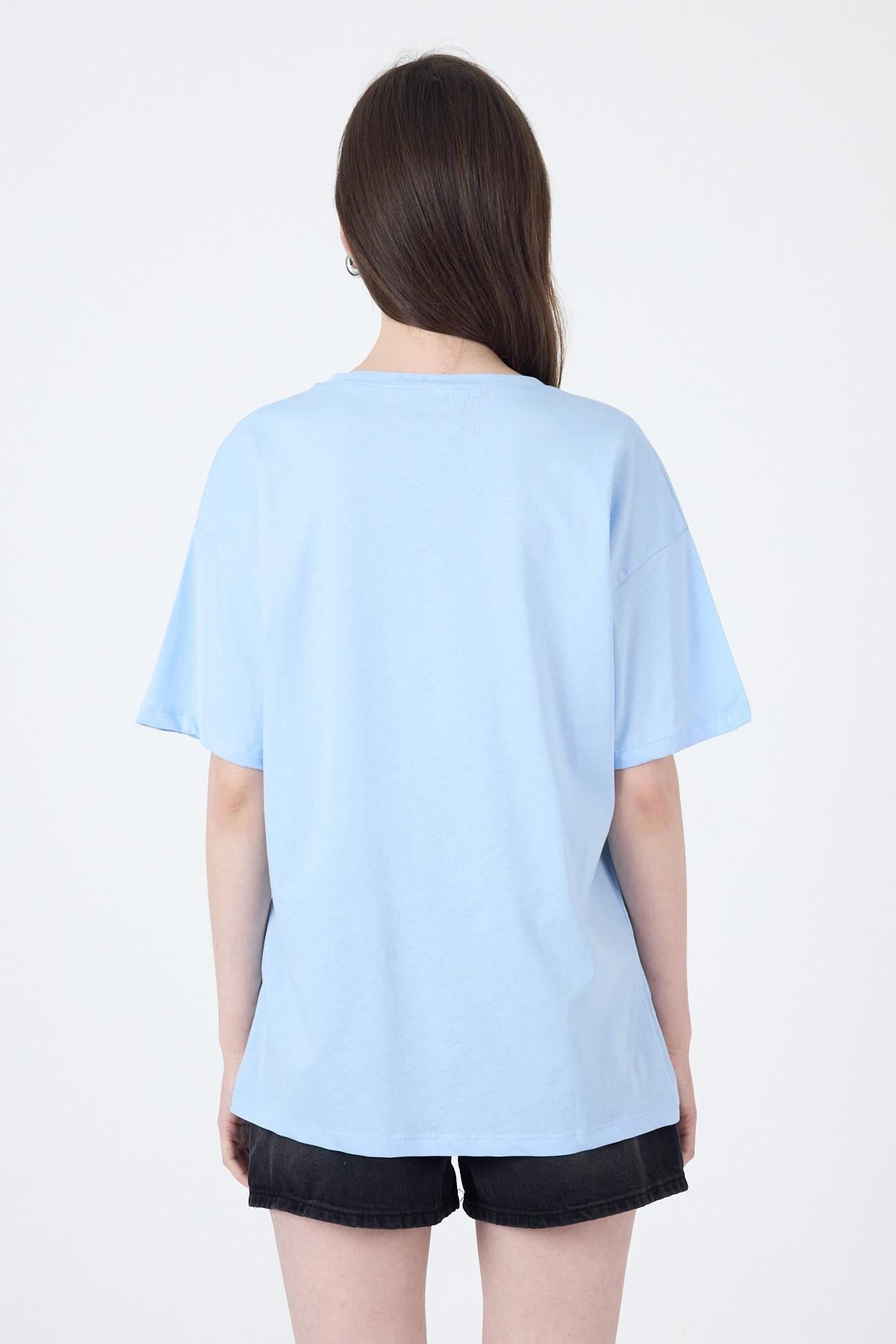 Mavi Yazı Baskılı Oversize Pamuklu Tişört 2150-32M