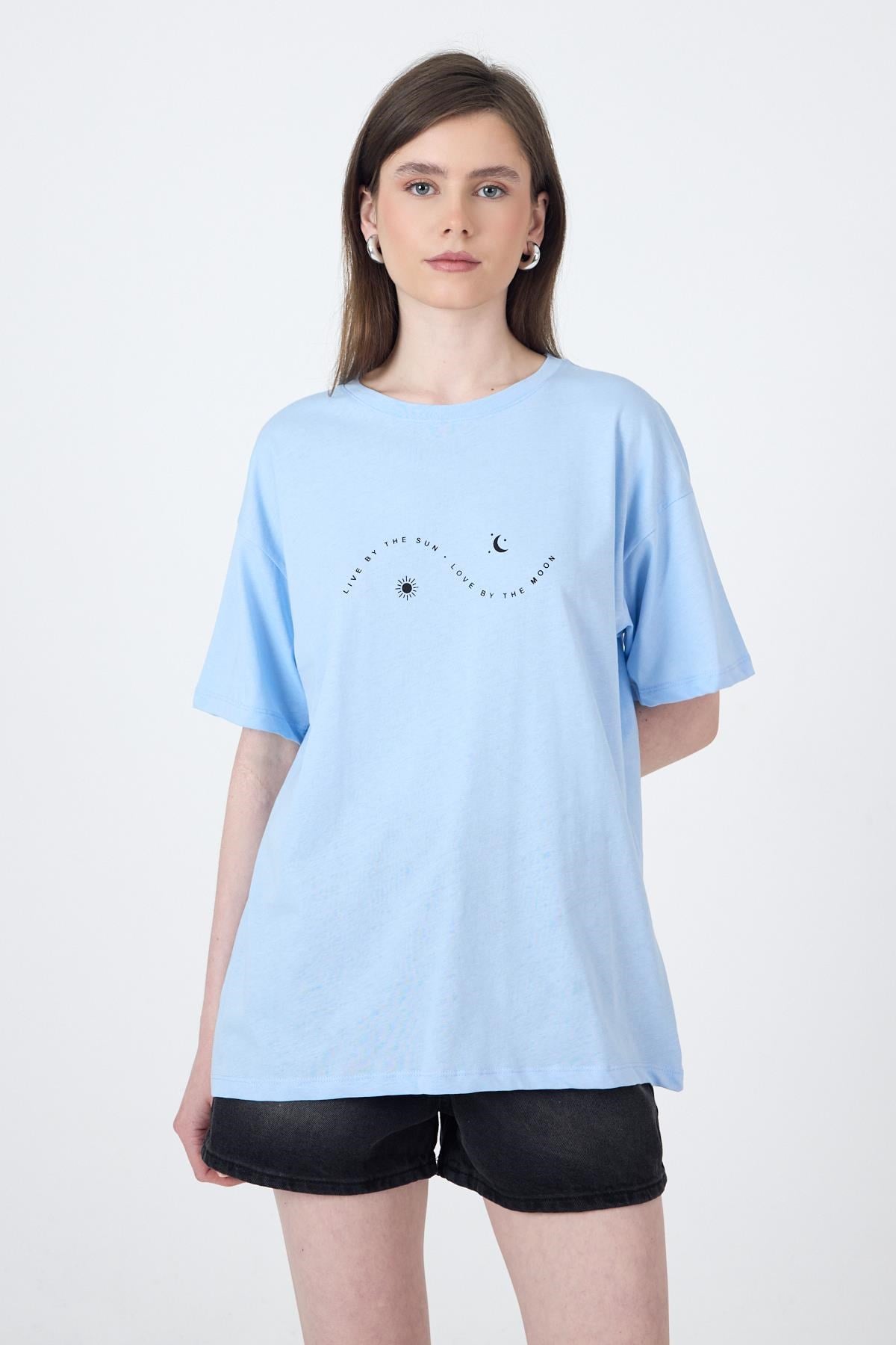 Mavi Yazı Baskılı Oversize Pamuklu Tişört 2150-32M