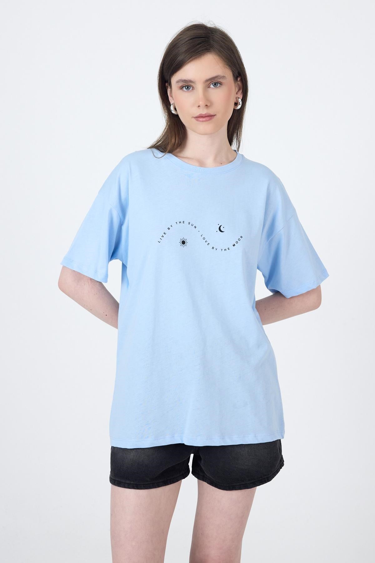 Mavi Yazı Baskılı Oversize Pamuklu Tişört 2150-32M