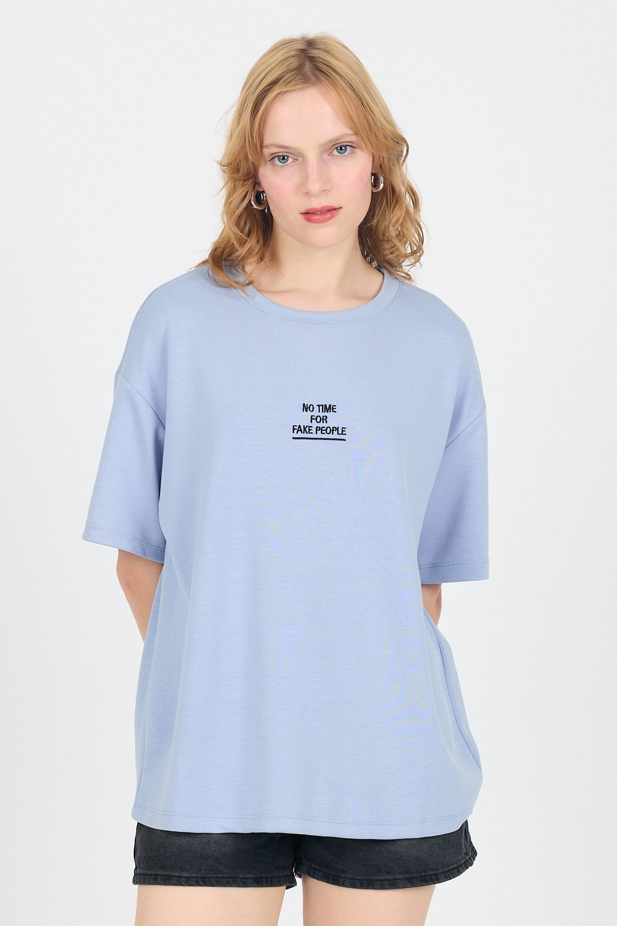 Mavi Yumuşak Dokulu Yazı Baskılı Oversize Tişört 6265