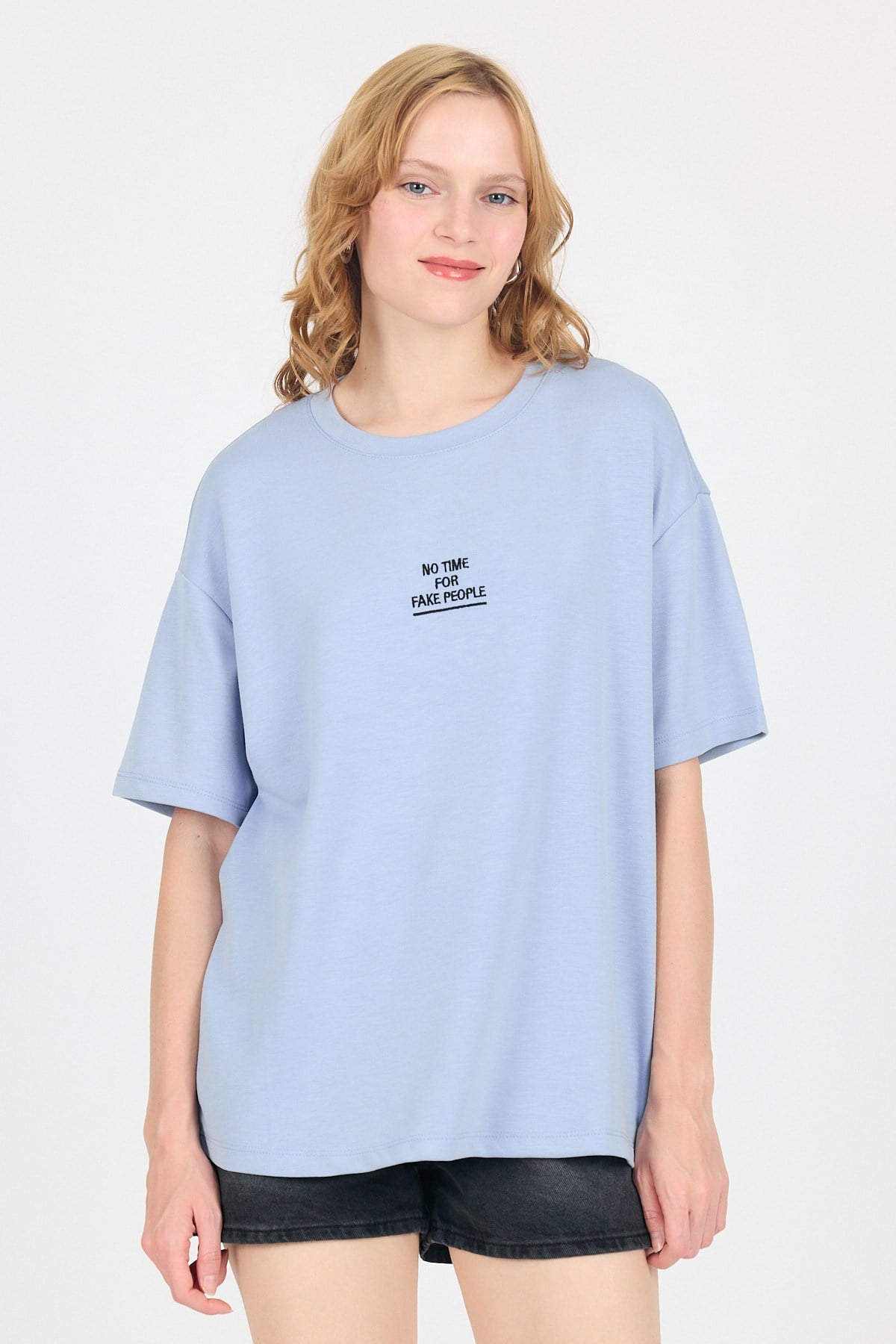 Mavi Yumuşak Dokulu Yazı Baskılı Oversize Tişört 6265
