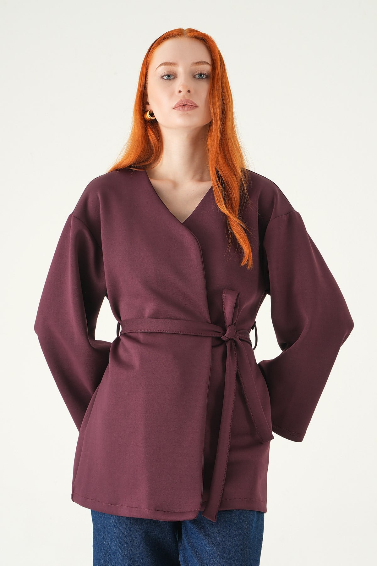 Mürdüm Kuşaklı Geniş Kol Kimono 3068A