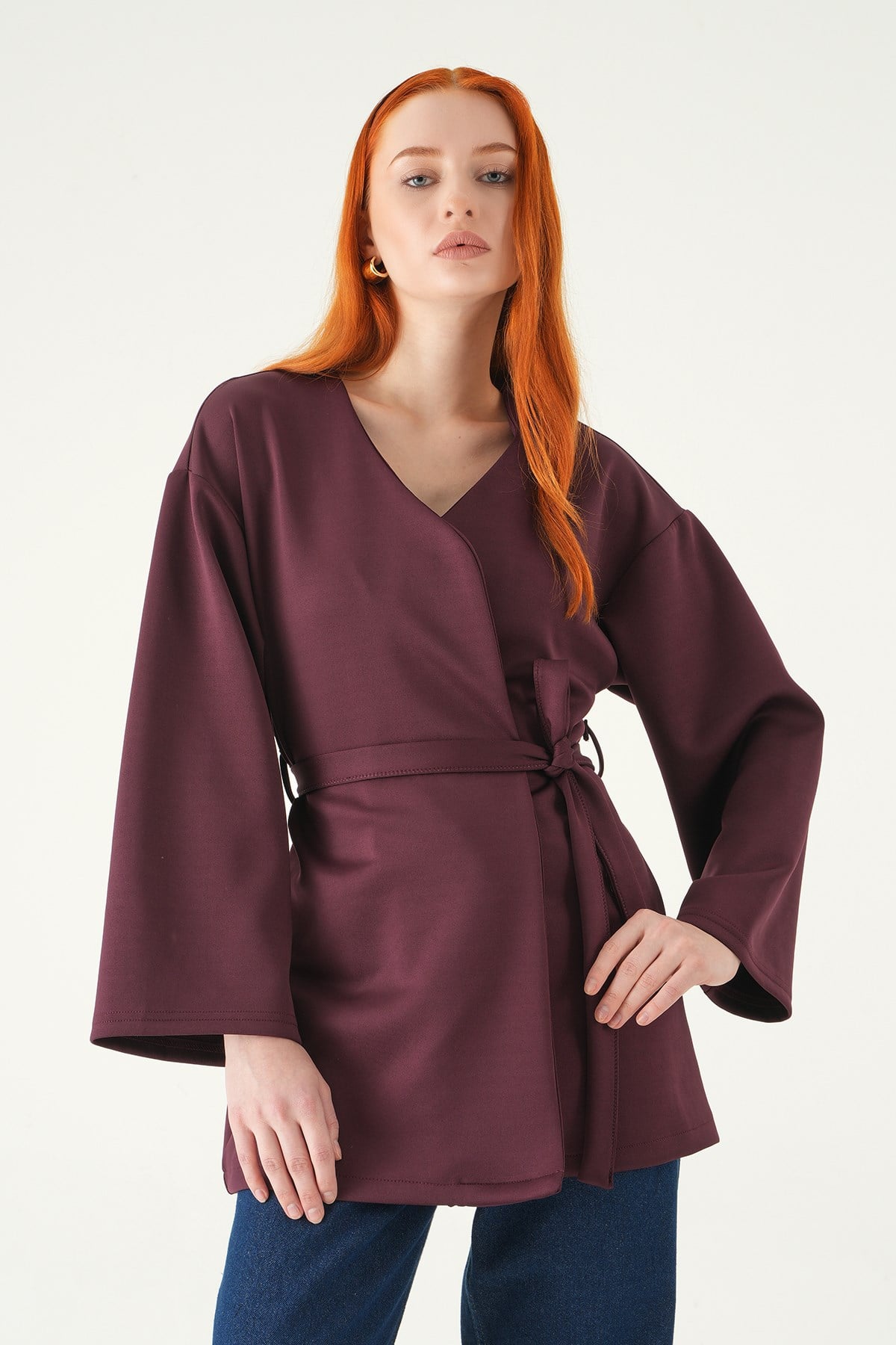 Mürdüm Kuşaklı Geniş Kol Kimono 3068A