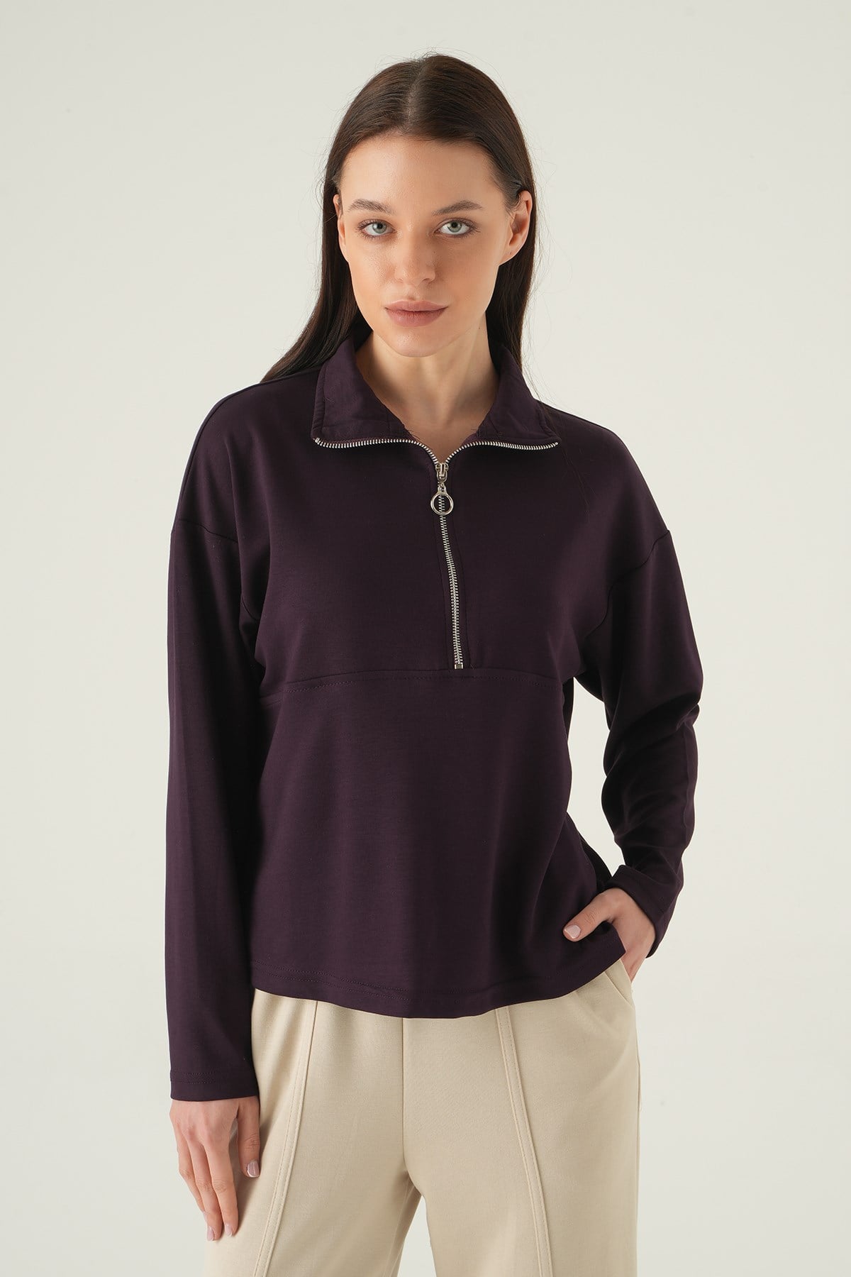 Mürdüm Yarım Fermuarlı Sweat 8249A