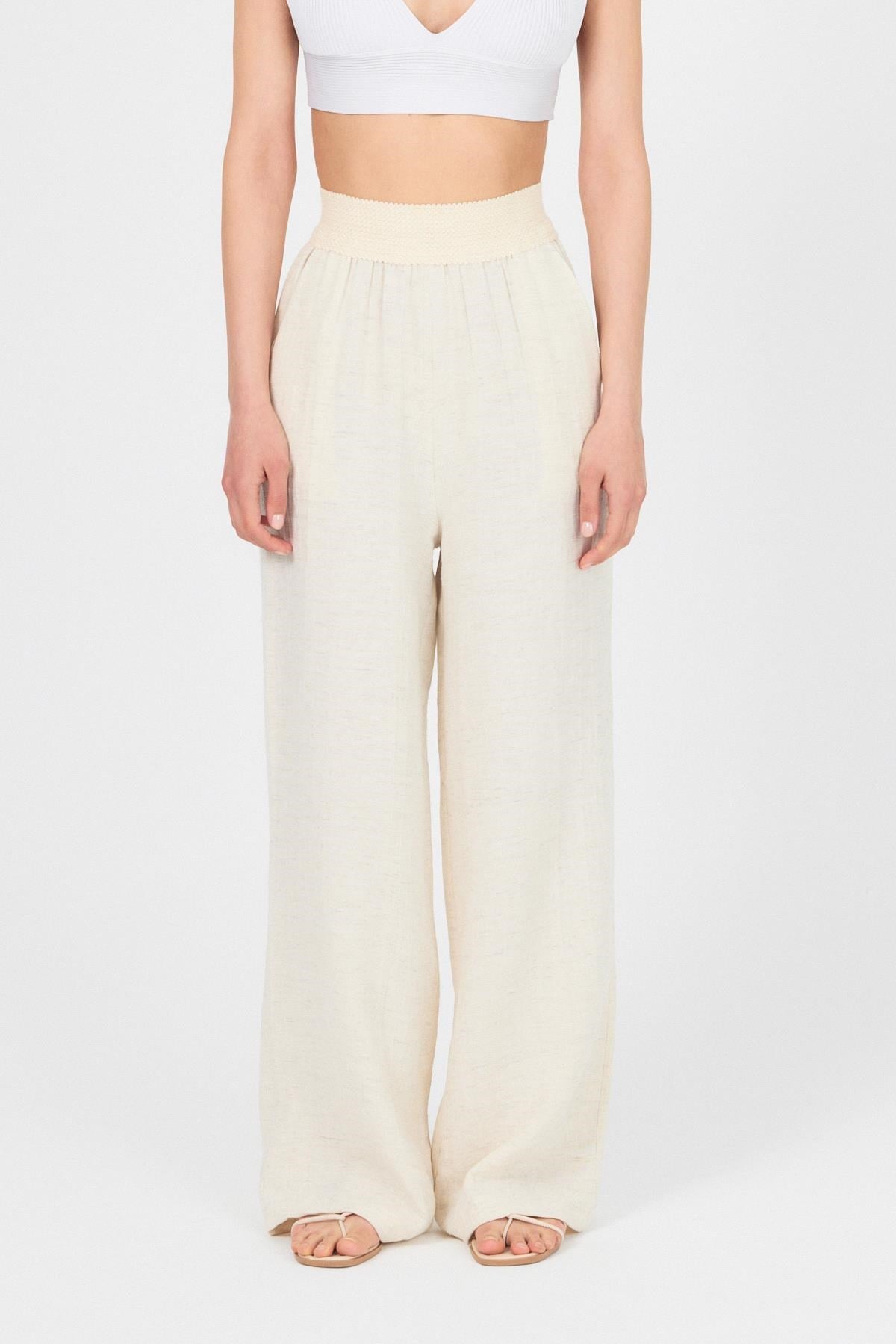 Natural Bel Lastikli Müslin Keten Bol Paça Pantolon 4719A