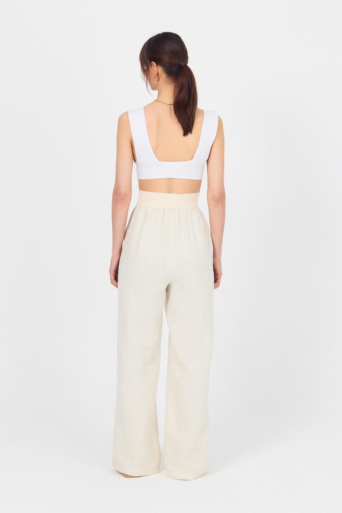 Natural Bel Lastikli Müslin Keten Bol Paça Pantolon 4719A