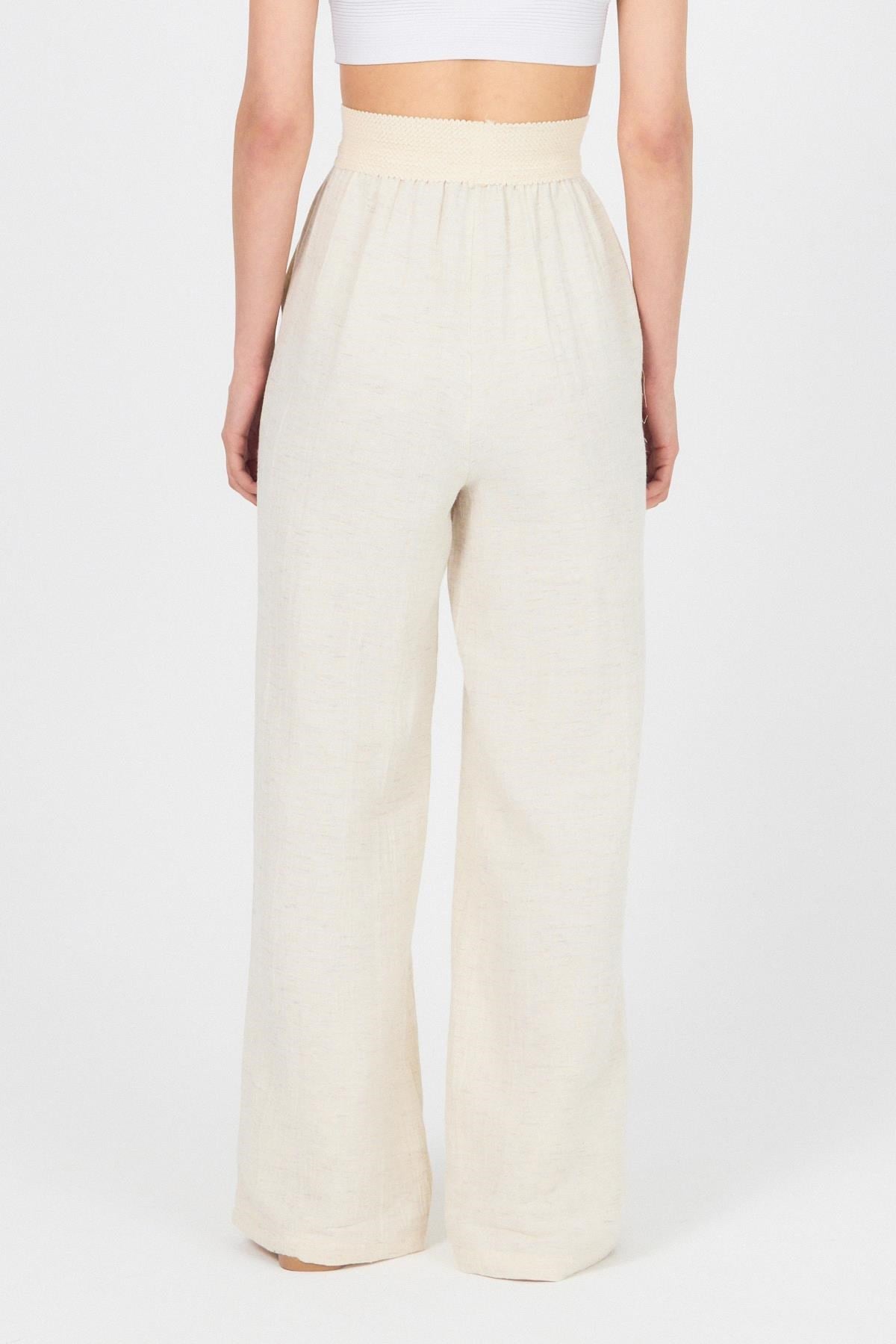 Natural Bel Lastikli Müslin Keten Bol Paça Pantolon 4719A