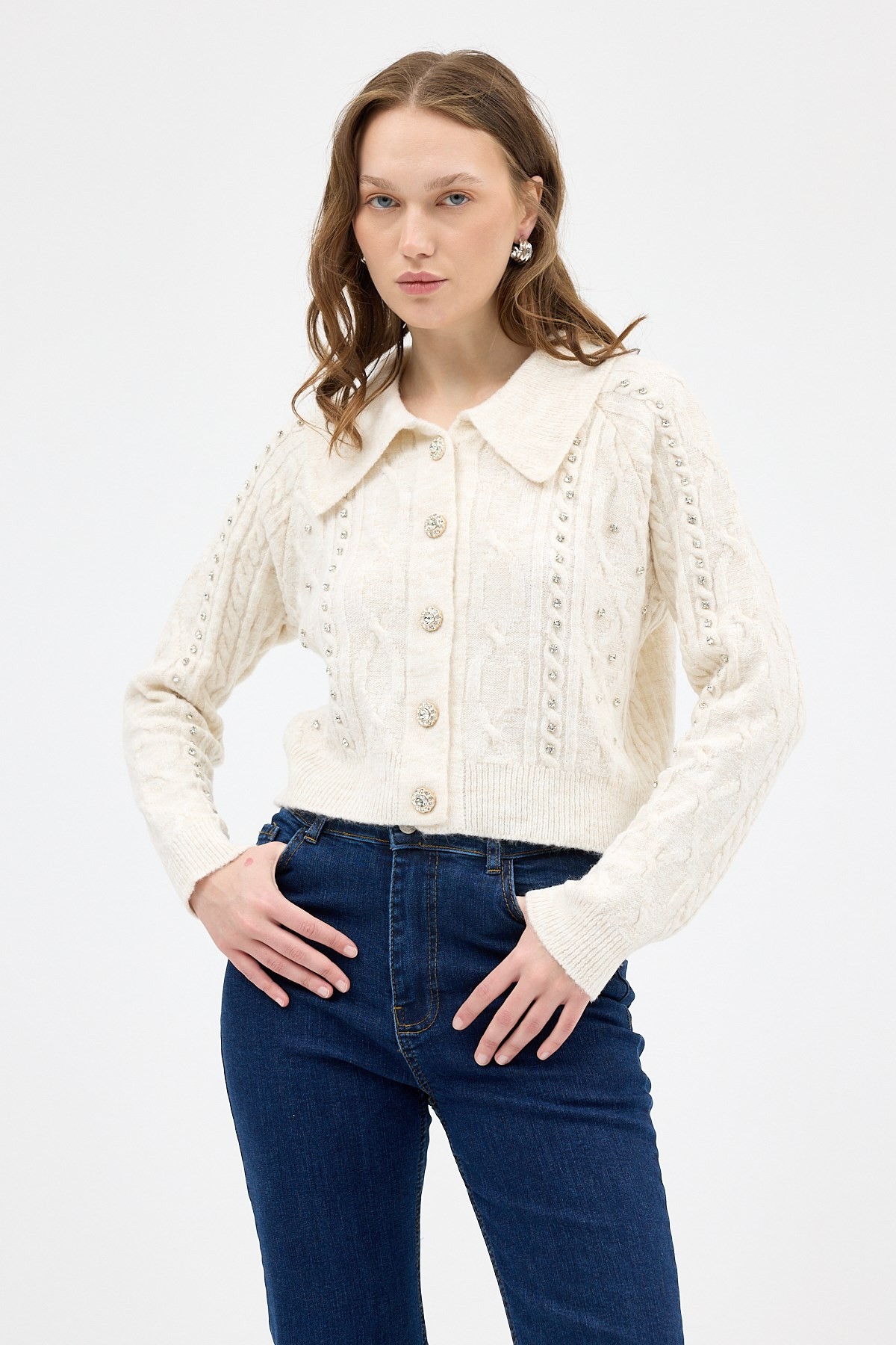 Natural Kadın Taş İşlemeli Örgü Hırka 7265