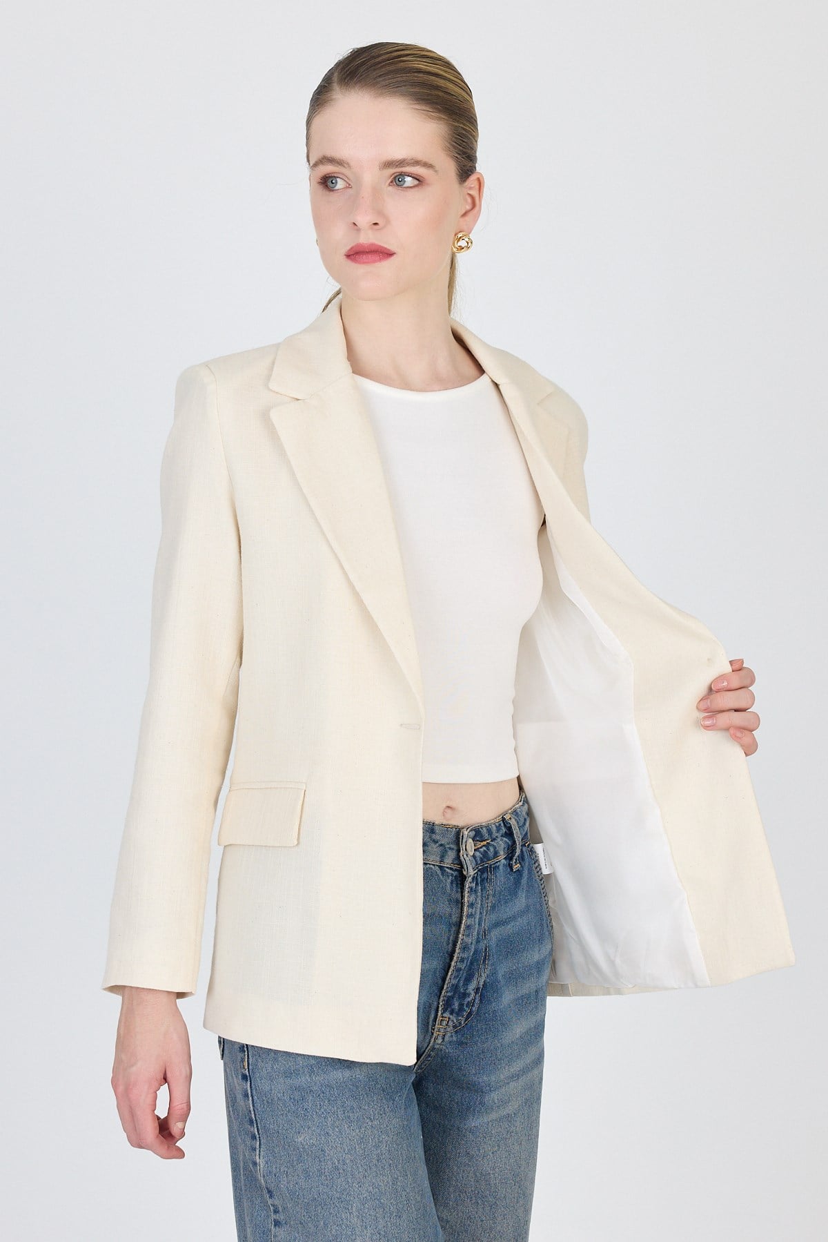 Natural Keten Görünümlü %100 Pamuk Astarlı Blazer Ceket 6023-3