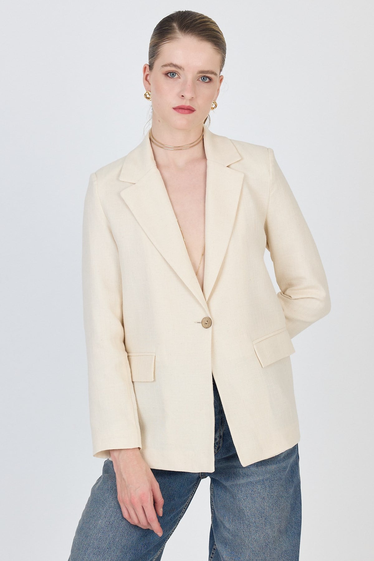 Natural Keten Görünümlü %100 Pamuk Astarlı Blazer Ceket 6023-3