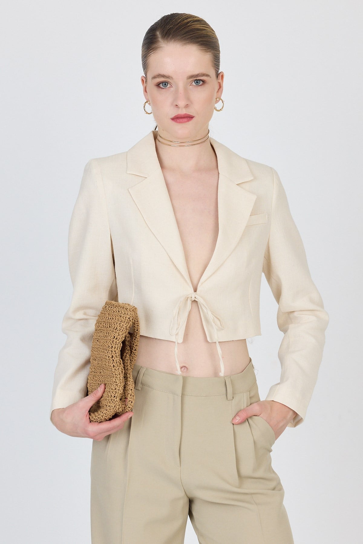 Natural Keten Görünümlü %100 Pamuk Bağlama Detaylı Crop Blazer Ceket 7070