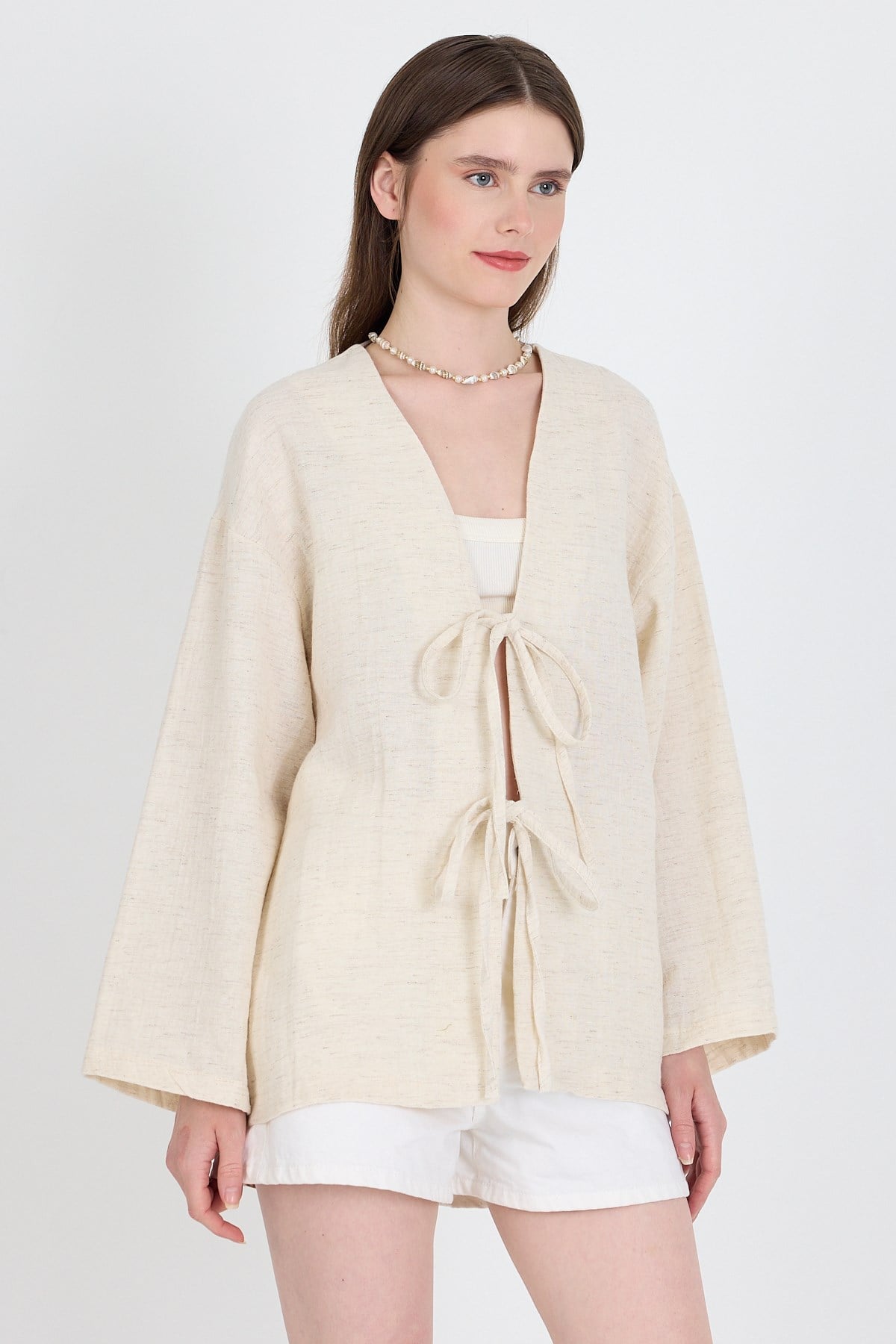 Natural Keten Görünümlü %100 Pamuk Bağlamalı Kimono 4818A