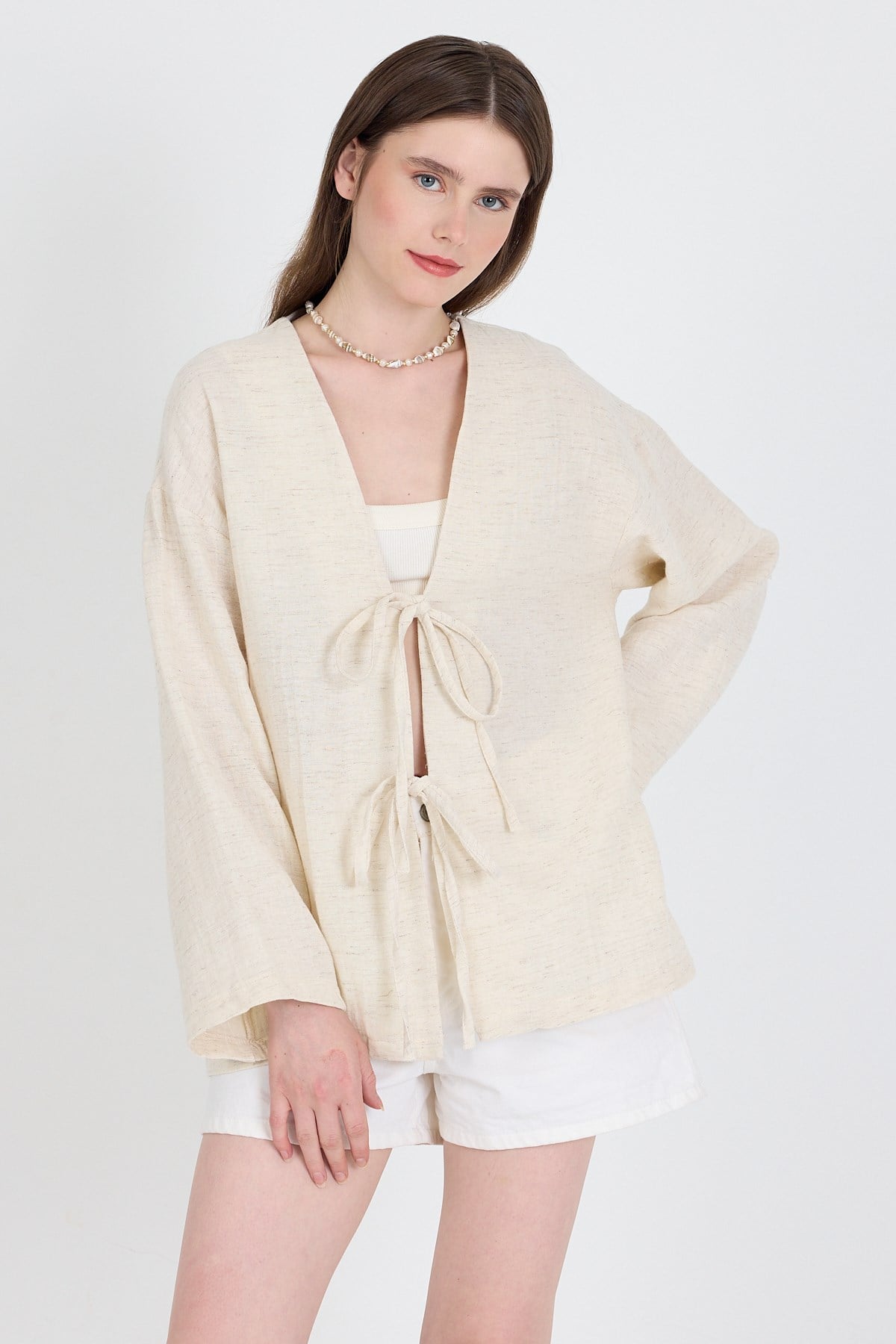 Natural Keten Görünümlü %100 Pamuk Bağlamalı Kimono 4818A