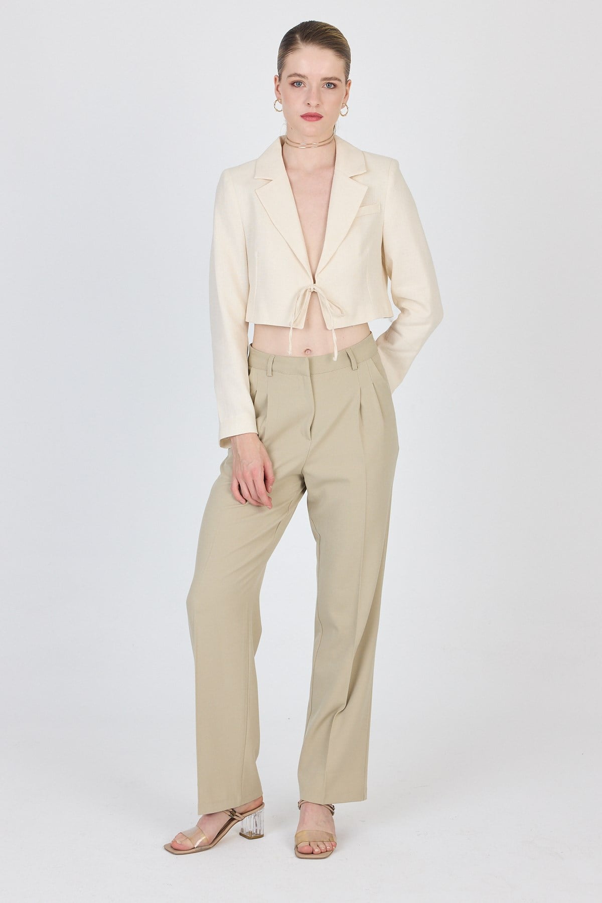 Natural Keten Görünümlü %100 Pamuk Bağlama Detaylı Crop Blazer Ceket 7070