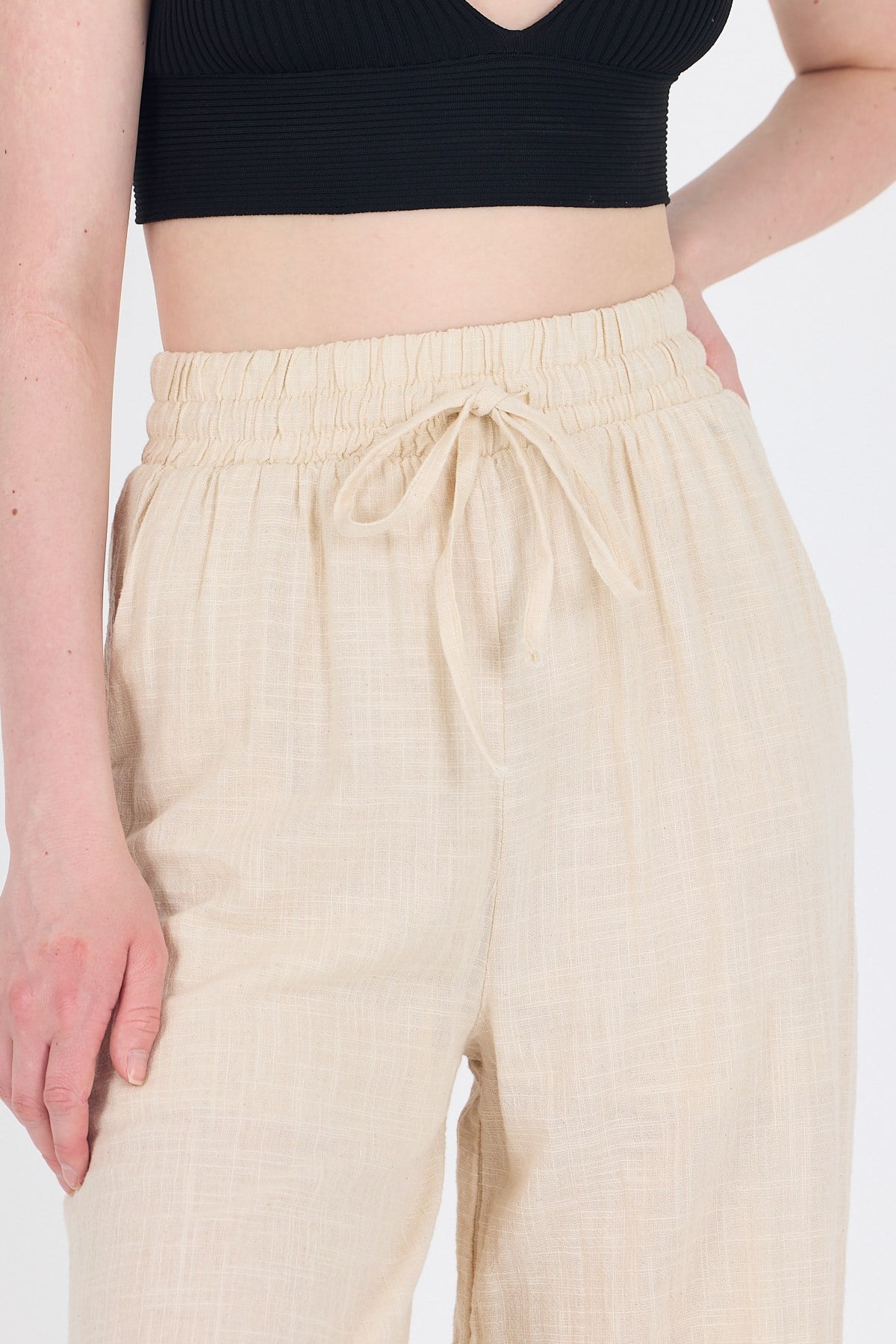 Natural Keten Görünümlü %100 Pamuk Bol Paça Pantolon 3040